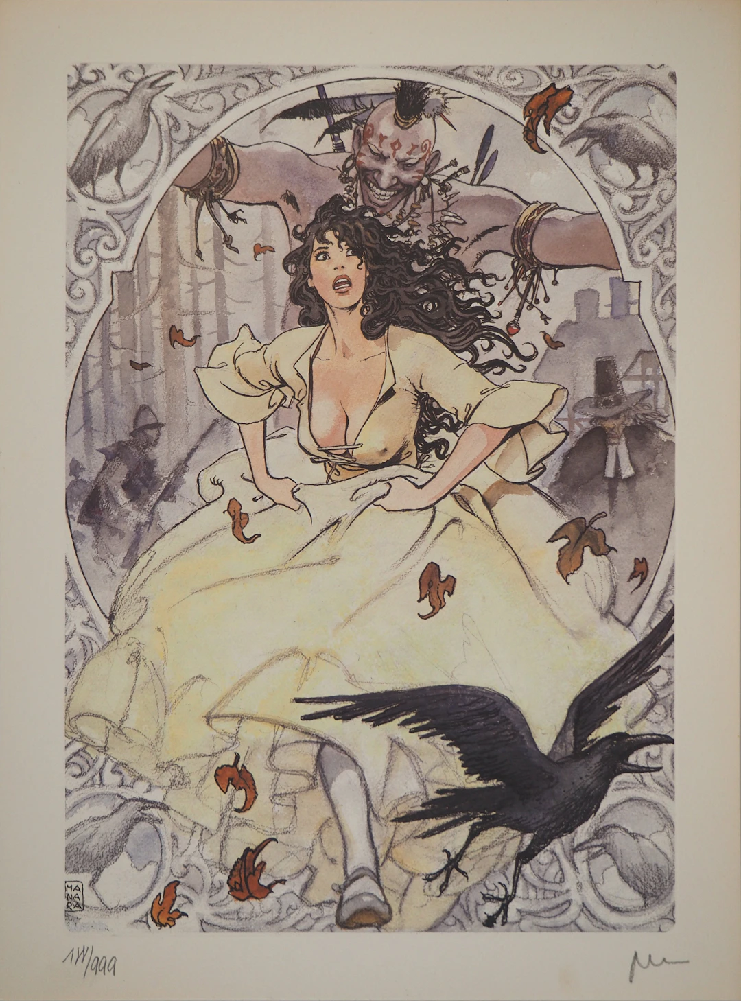 Milo MANARA : Jeune femme poursuivie par un indien, Lithographie signée