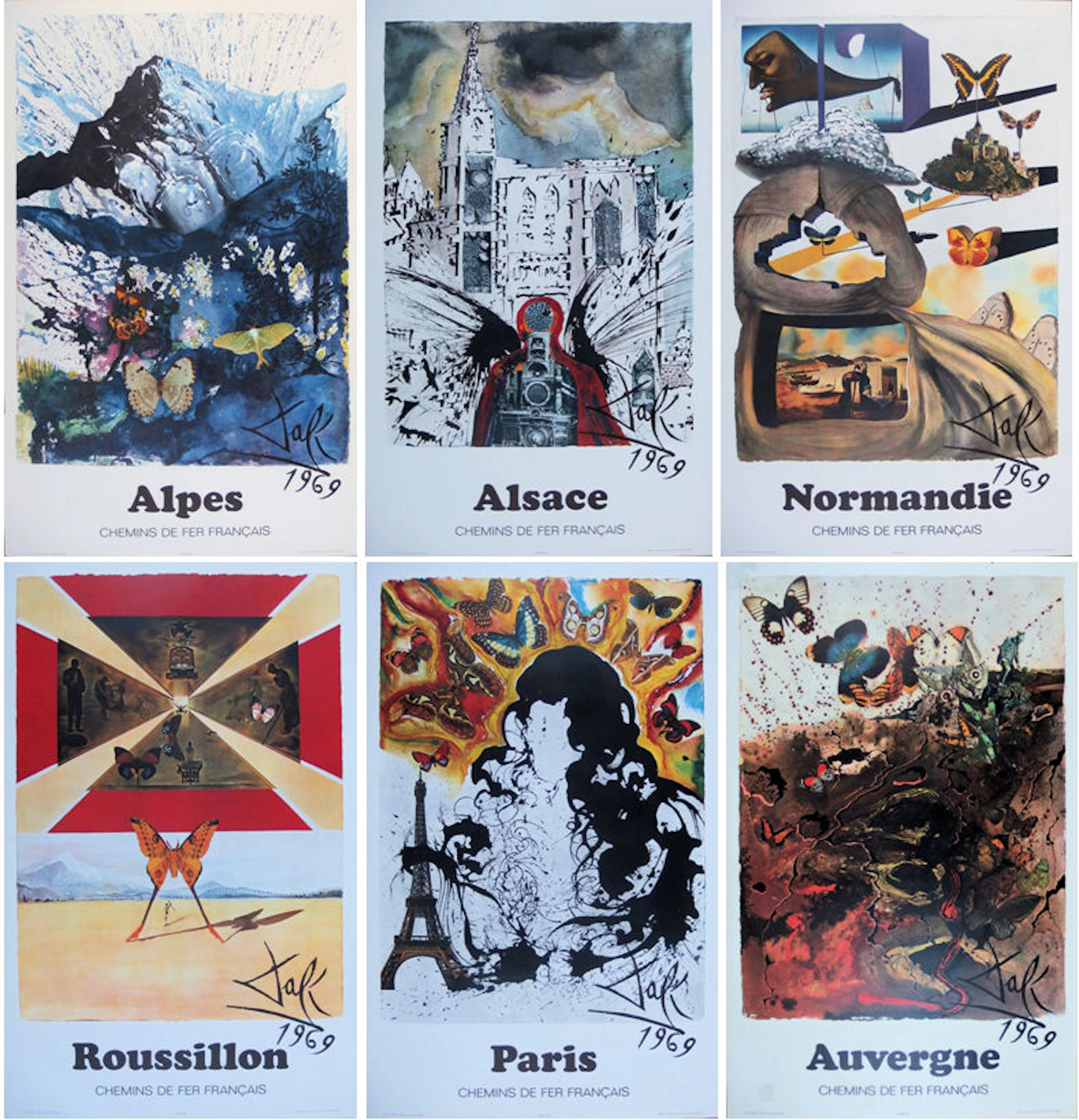 Salvador DALI : Suite Papillon, SNCF, 6 lithographies signées (Grands modèles)