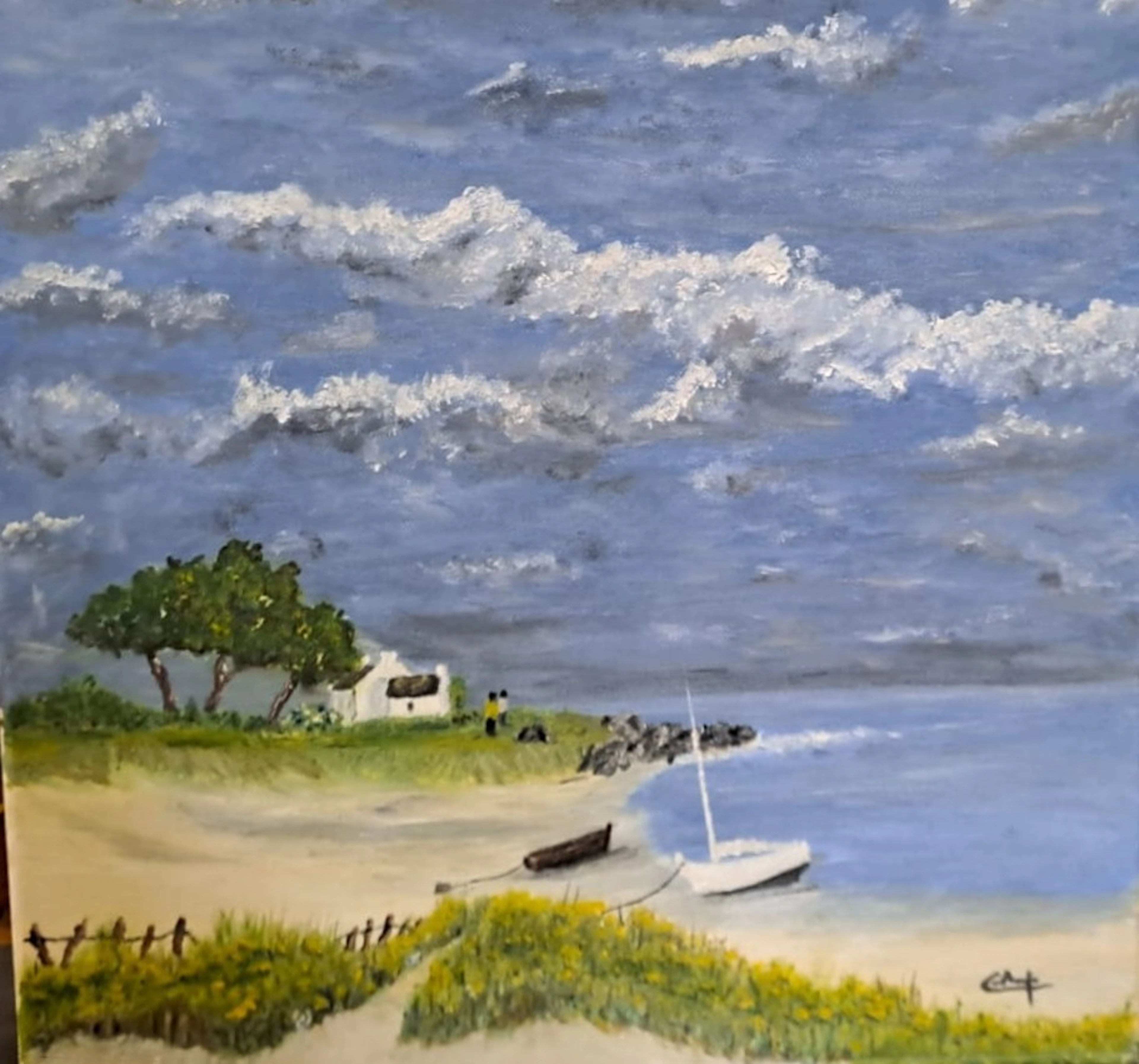 Ecole XXème - Sur la grève - Huile sur toile, signée
