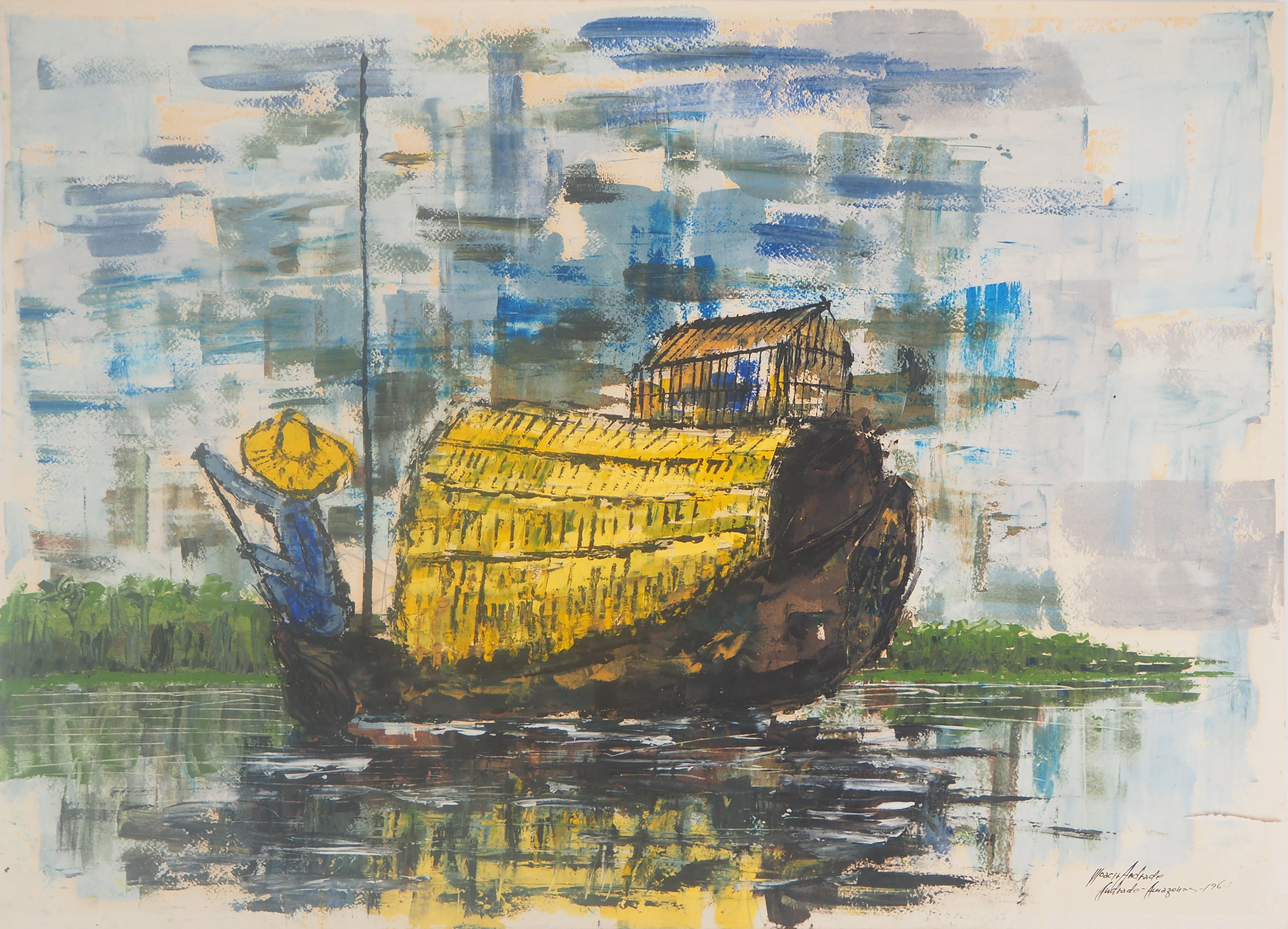 Moacir ANDRADE - Jonque au Vietnam, 1964 - Huile et gouache signée
