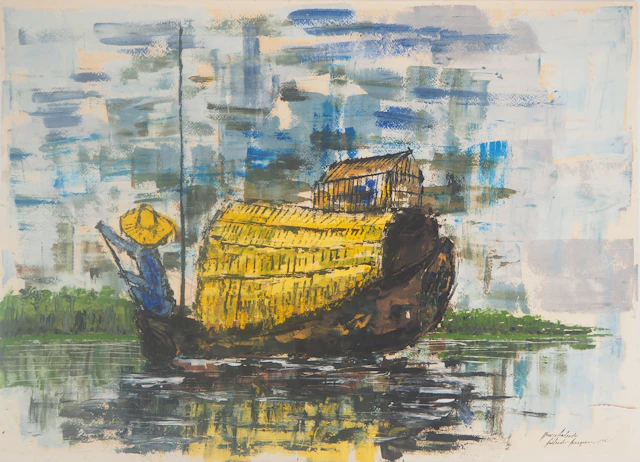 Moacir ANDRADE - Jonque au Vietnam, 1964 - Huile et gouache signée