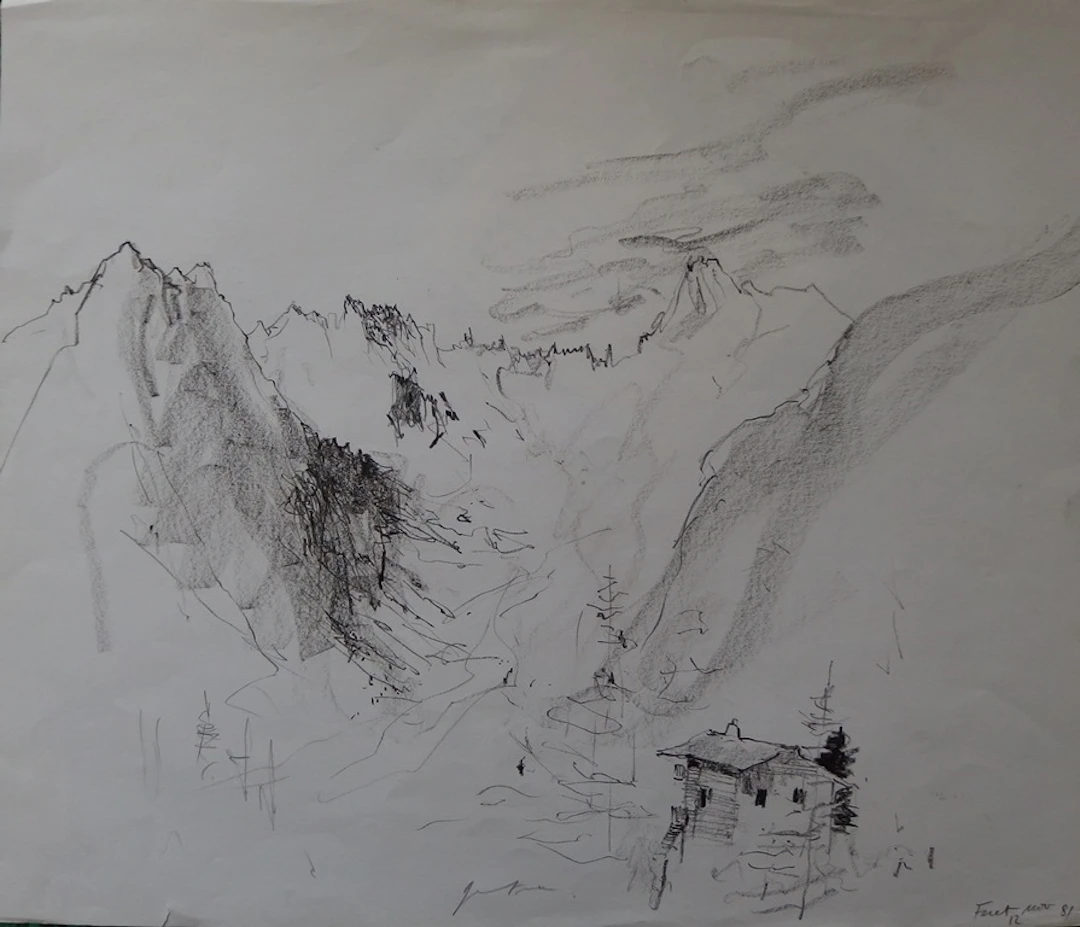 Bernard GANTNER - Chalet dans la montagne, Dessin original au crayon noir signé