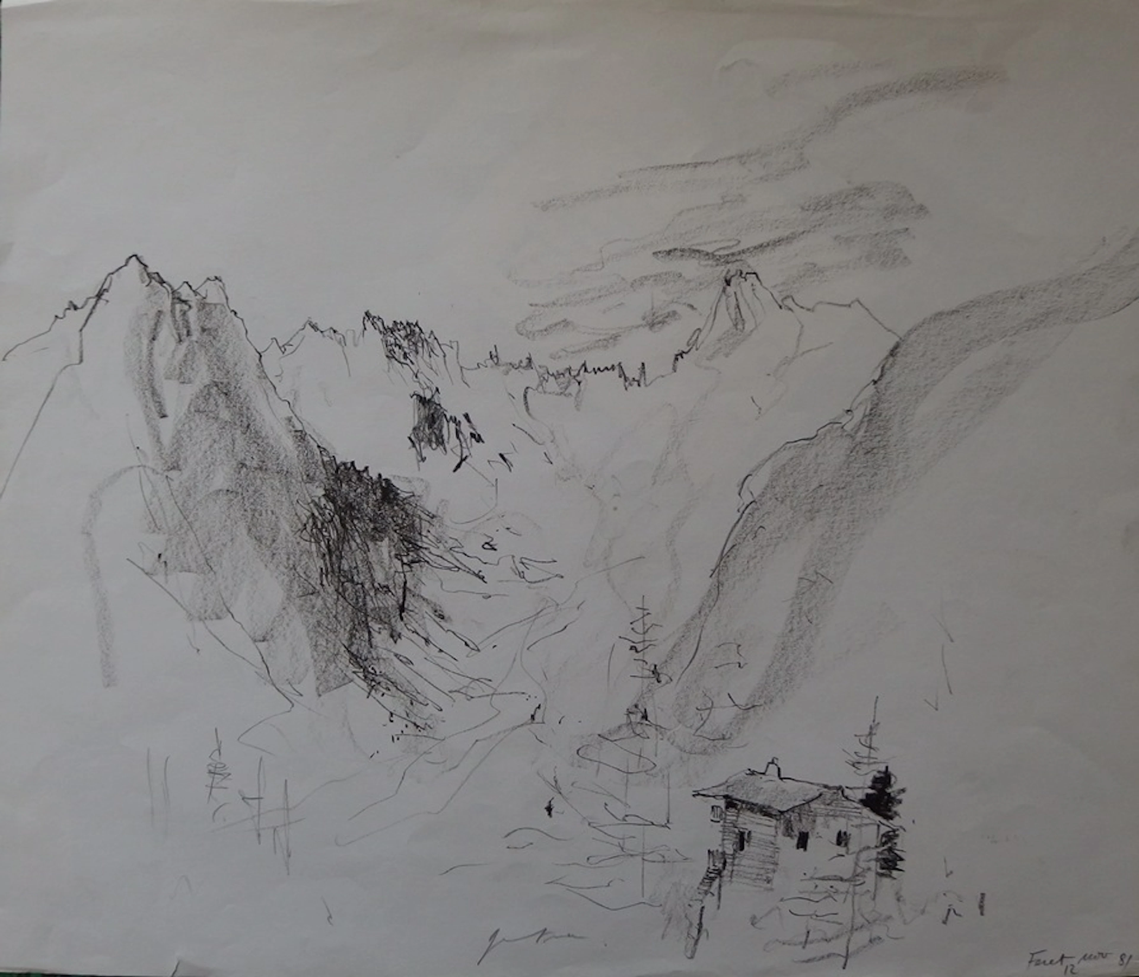 Bernard GANTNER - Chalet dans la montagne, Dessin original au crayon noir signé