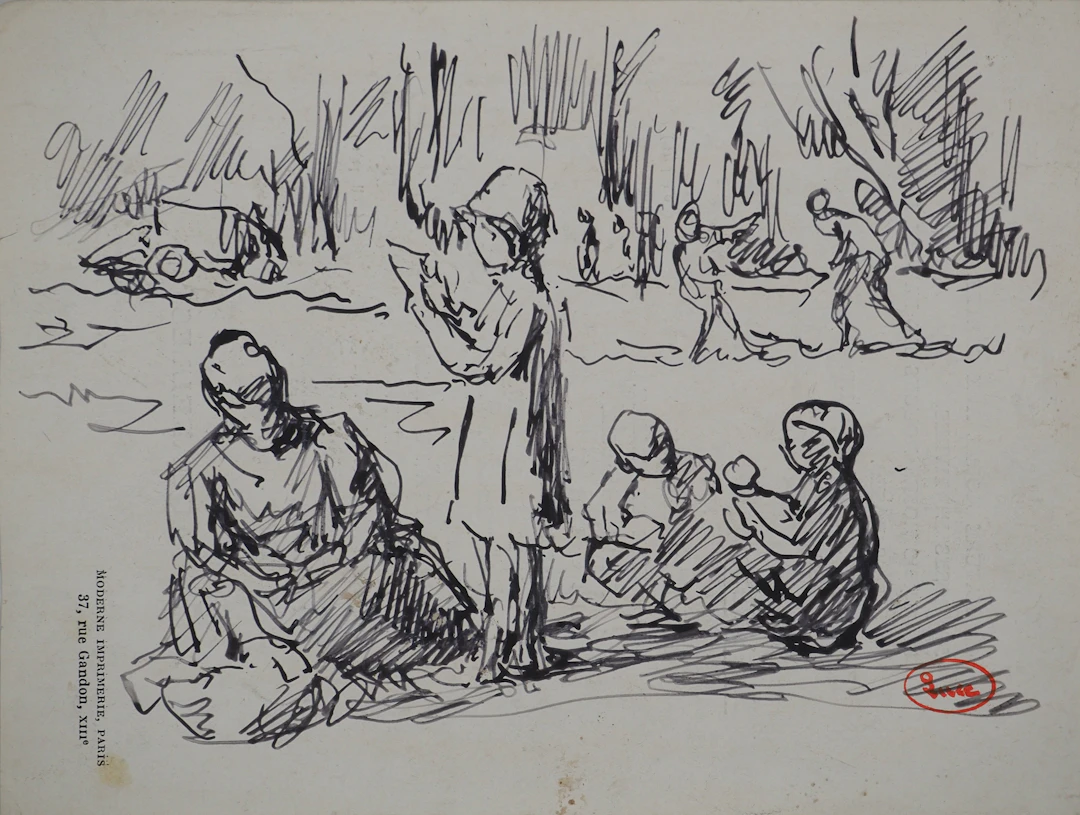 Maximilien LUCE : Famille au parc, Dessin original signé