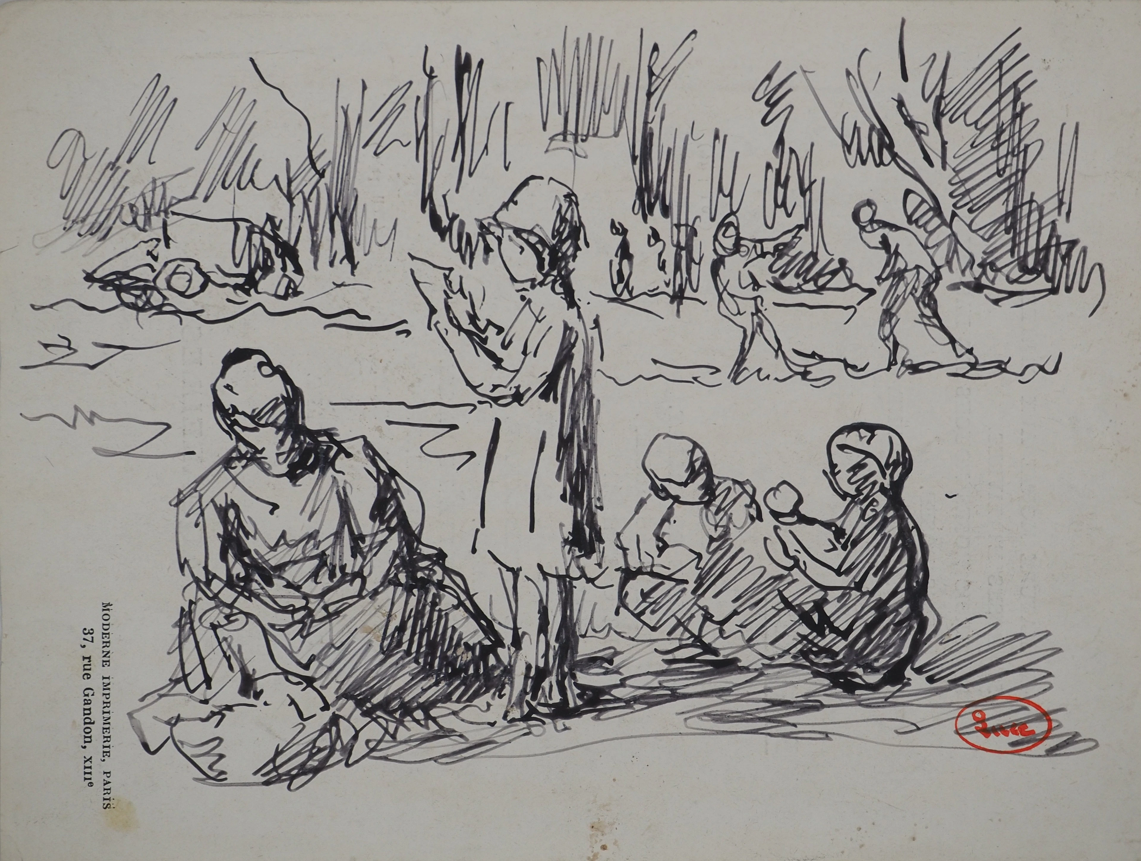 Maximilien LUCE : Famille au parc, Dessin original signé