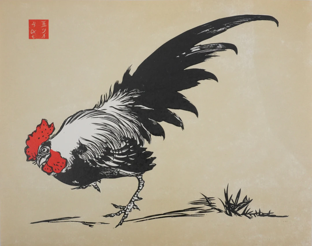 Mokuchu URUSHIBARA : Estampe japonaise, Le coq, Gravure sur bois signée