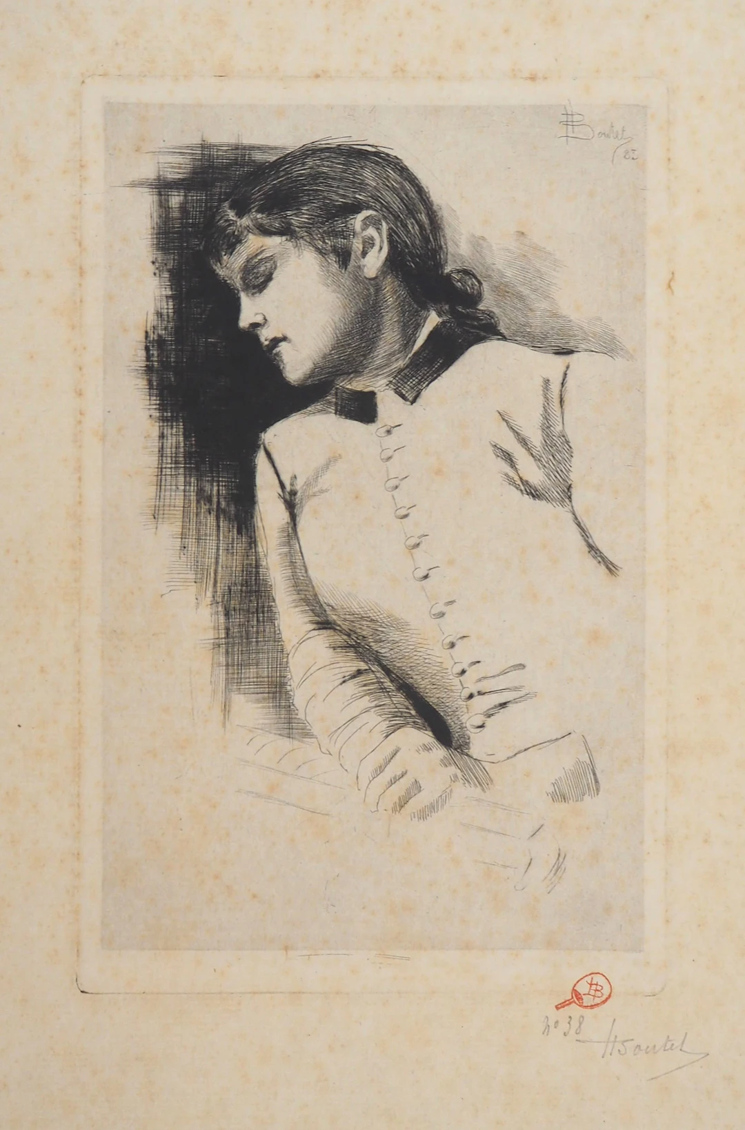 Henri BOUTET : En rêverie, 1883 - Gravure originale signée