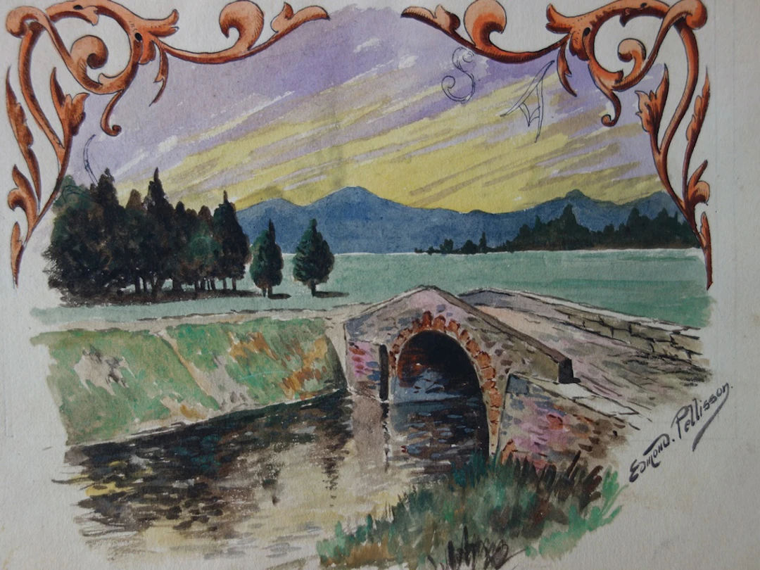 Edmond PELLISSON : Le petit pont de pierre - Aquarelle originale signée