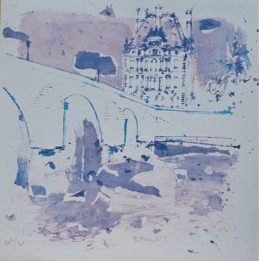 Jean-Paul Brusset - Le Pont Royal et le Louvre - Lithographie originale