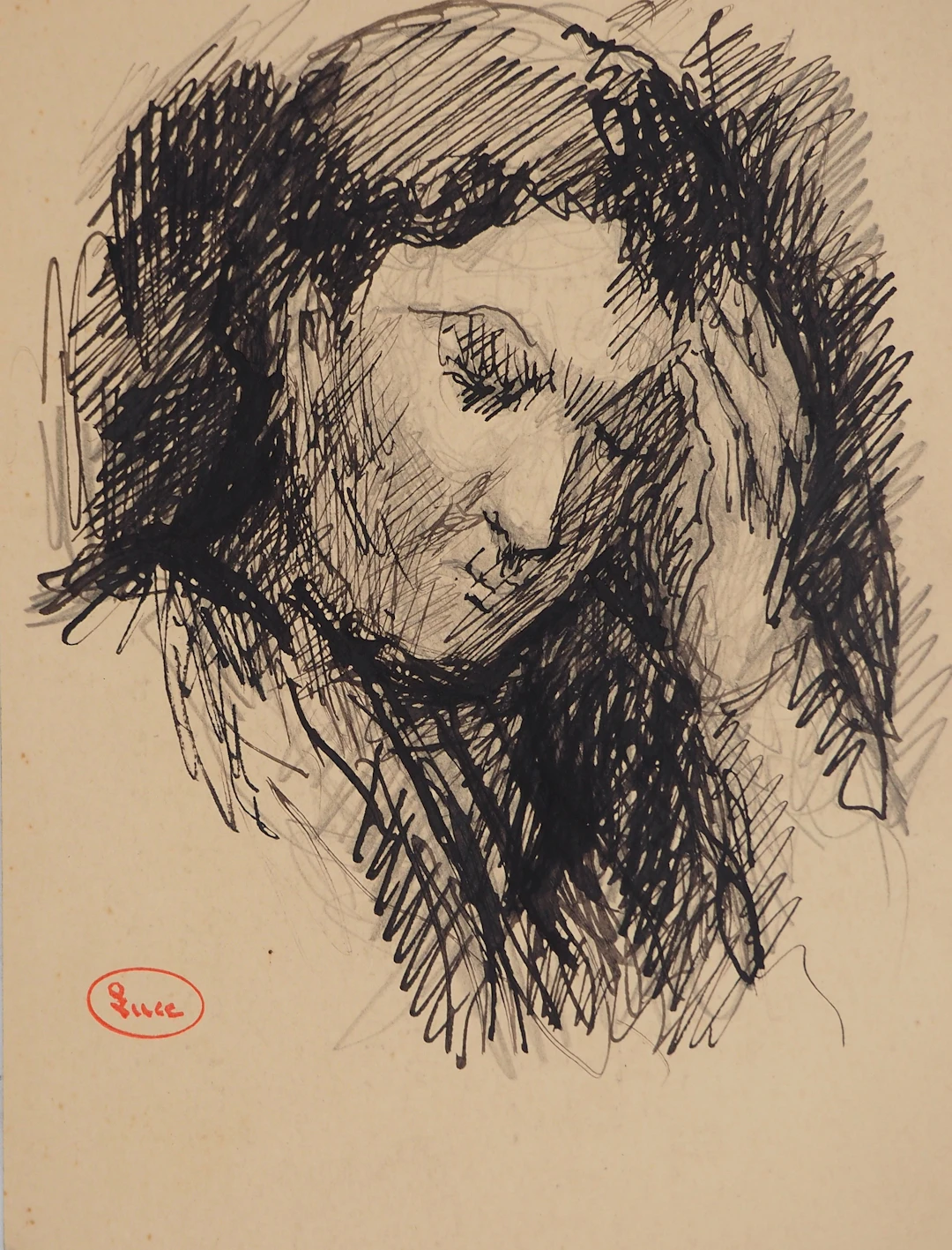 Maximilien LUCE : L'inquiétude, Dessin original signé