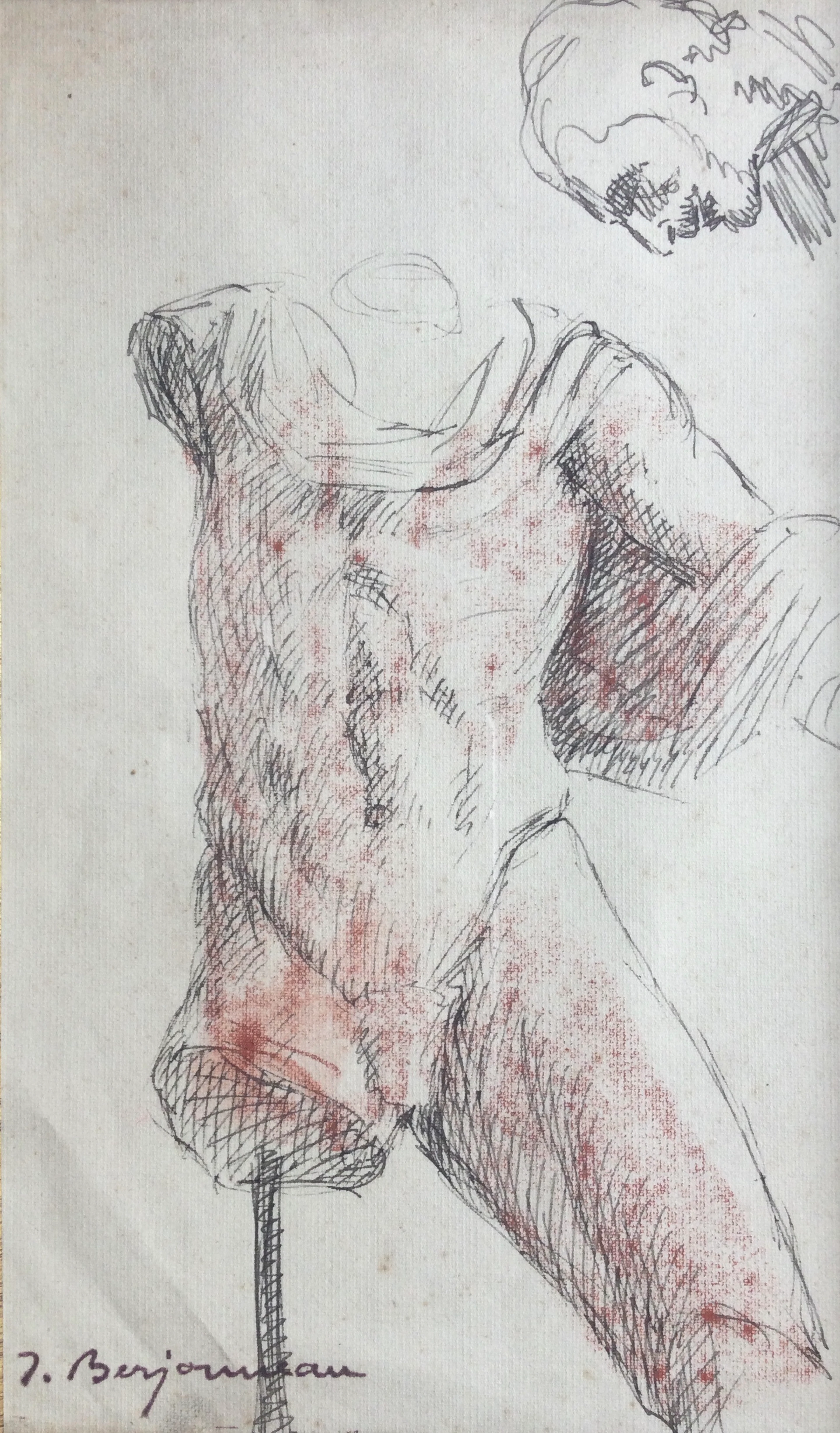Jehan BERJONNEAU - Torse et tête d’homme - Encre et aquarelle signée