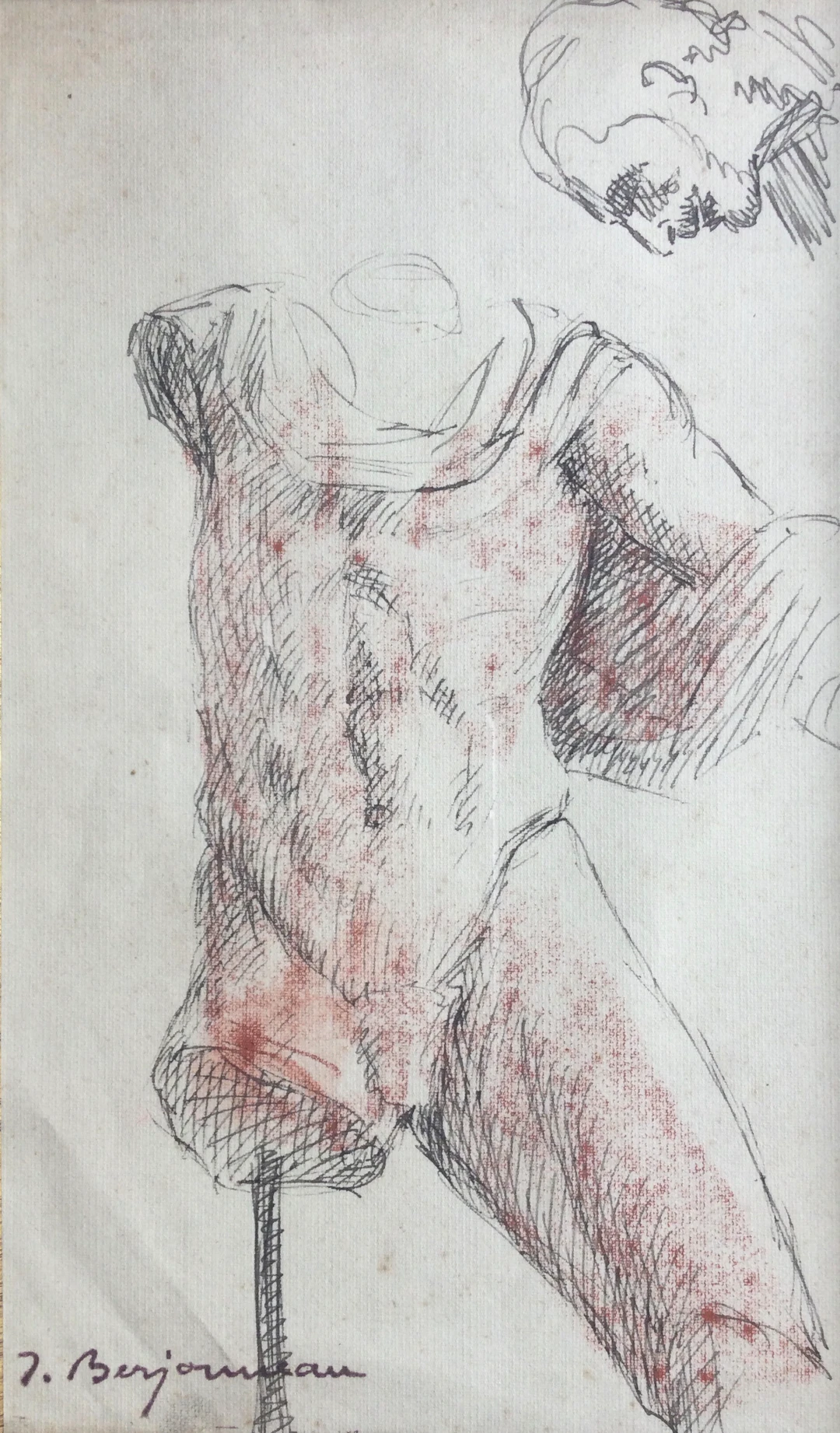 Jehan BERJONNEAU - Torse et tête d’homme - Encre et aquarelle signée
