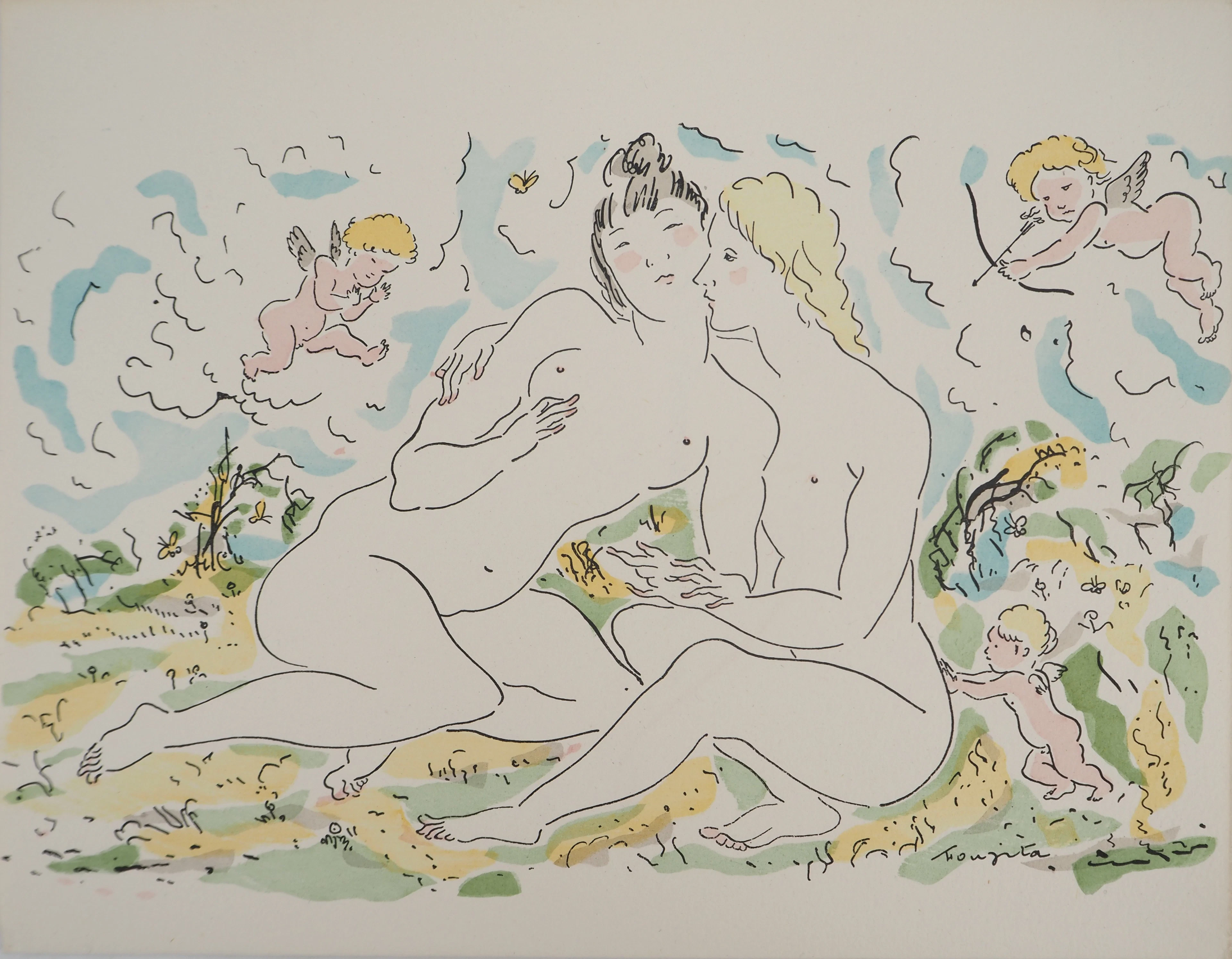 Léonard Tsuguharu FOUJITA : Couple de femmes et chérubins, Gravure