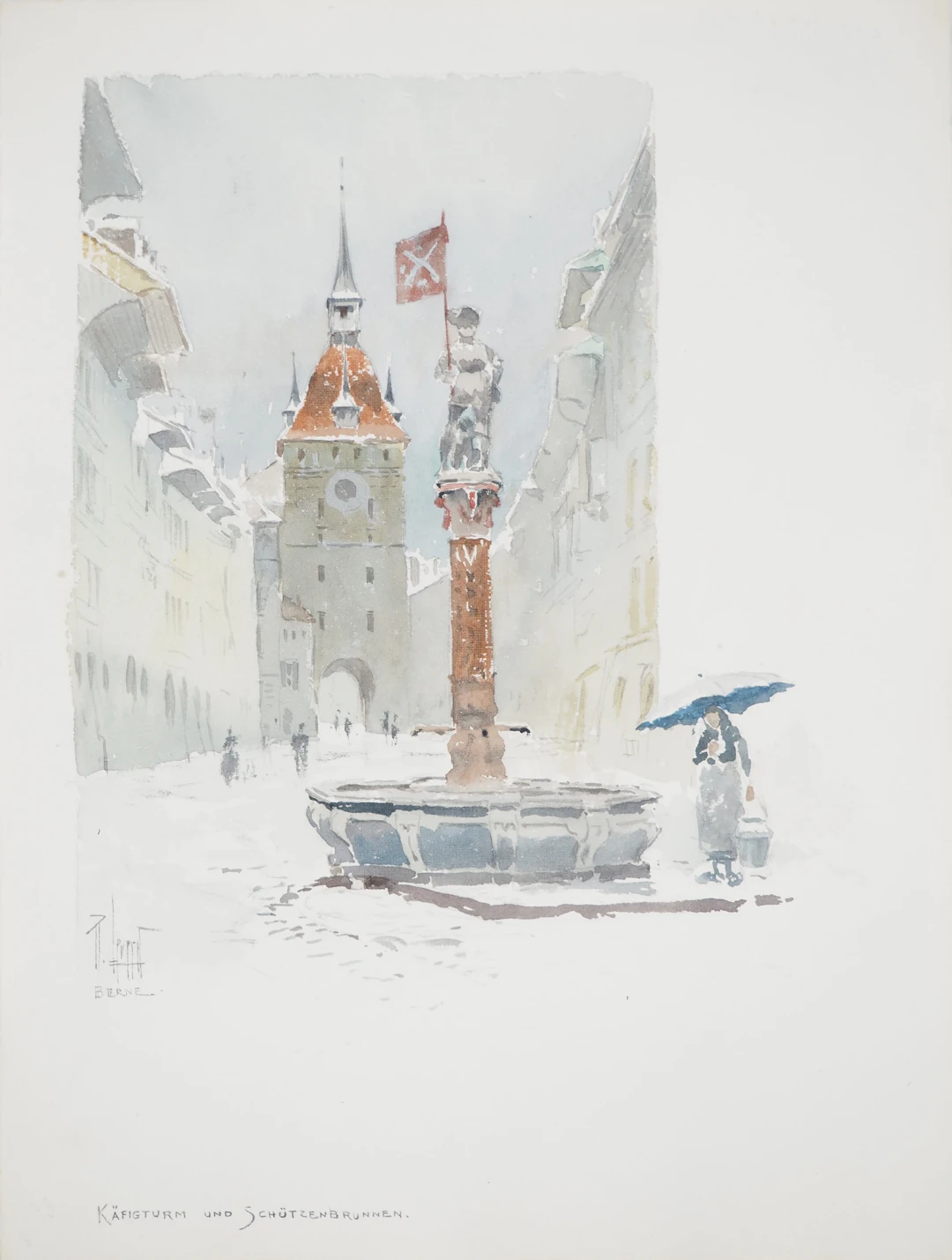 René LEVERD : Suisse, Käfigturm und Schützenbrunnen, Aquarelle originale signée