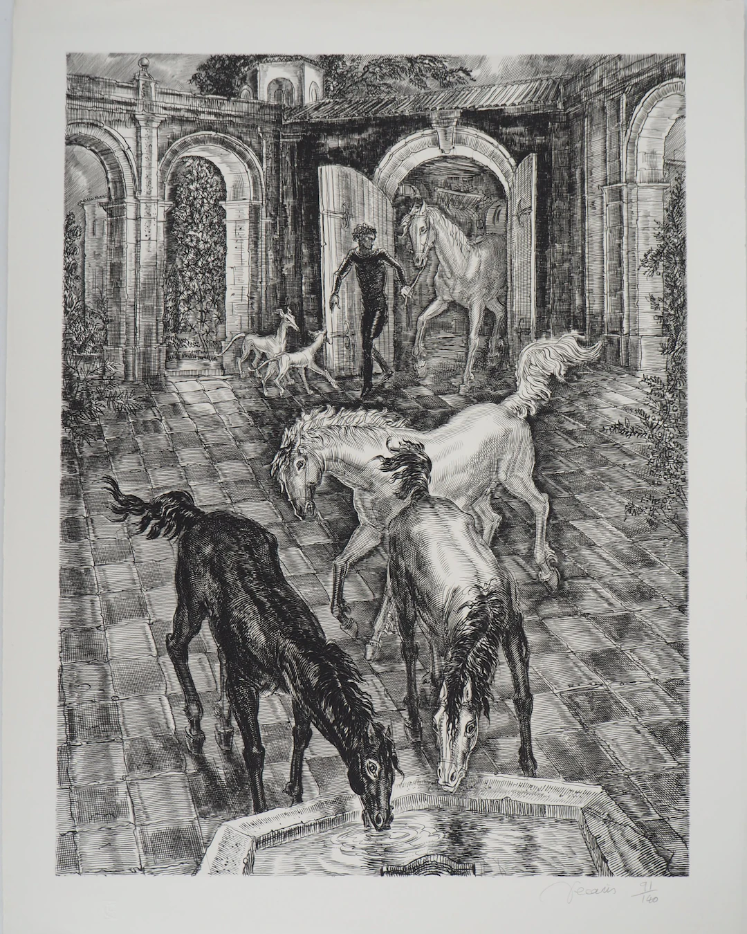 Albert DECARIS : Écuries - Gravure originale signée