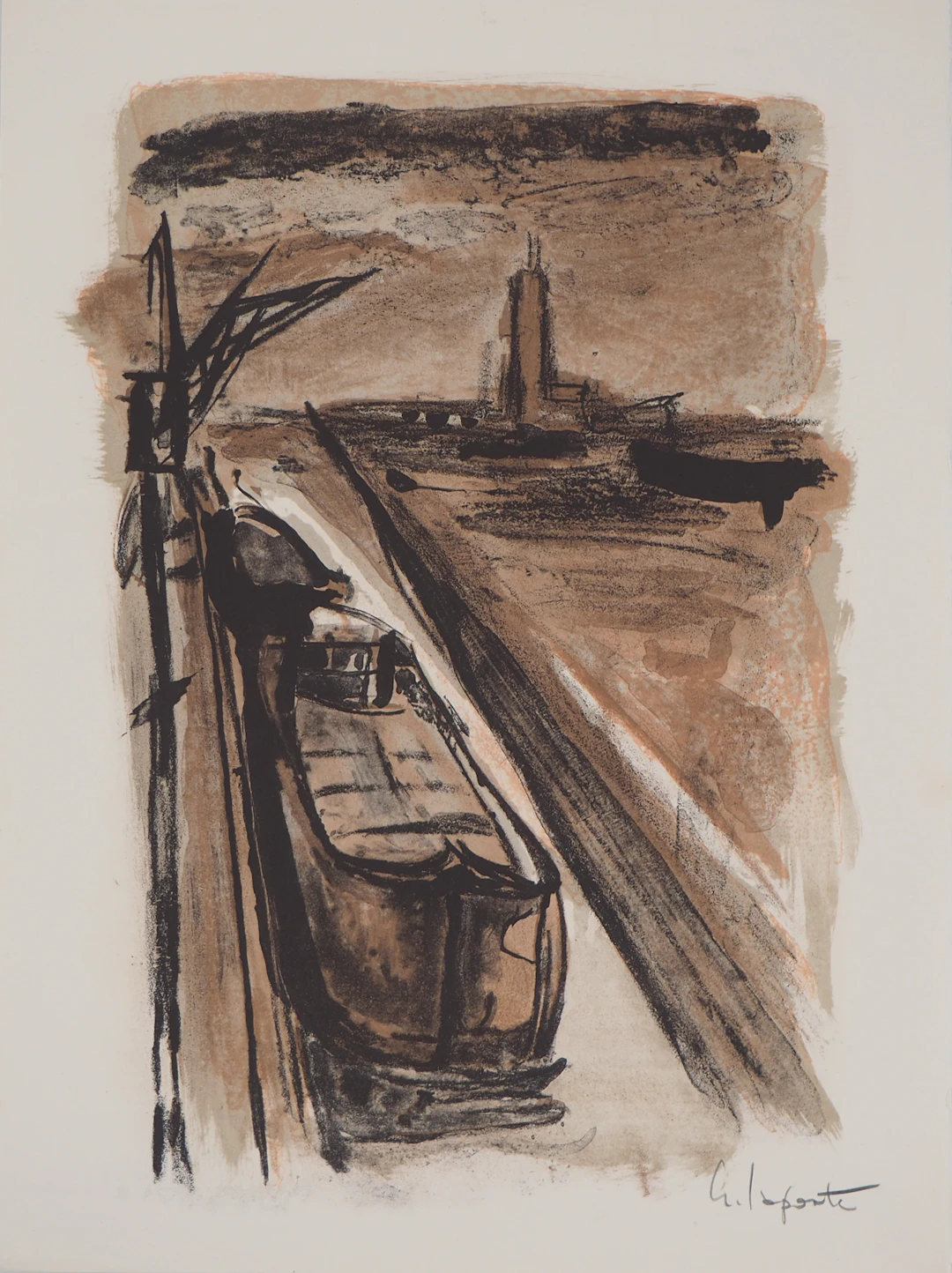 Georges LAPORTE - Péniche amarrée, 1971 - Lithographie originale signée