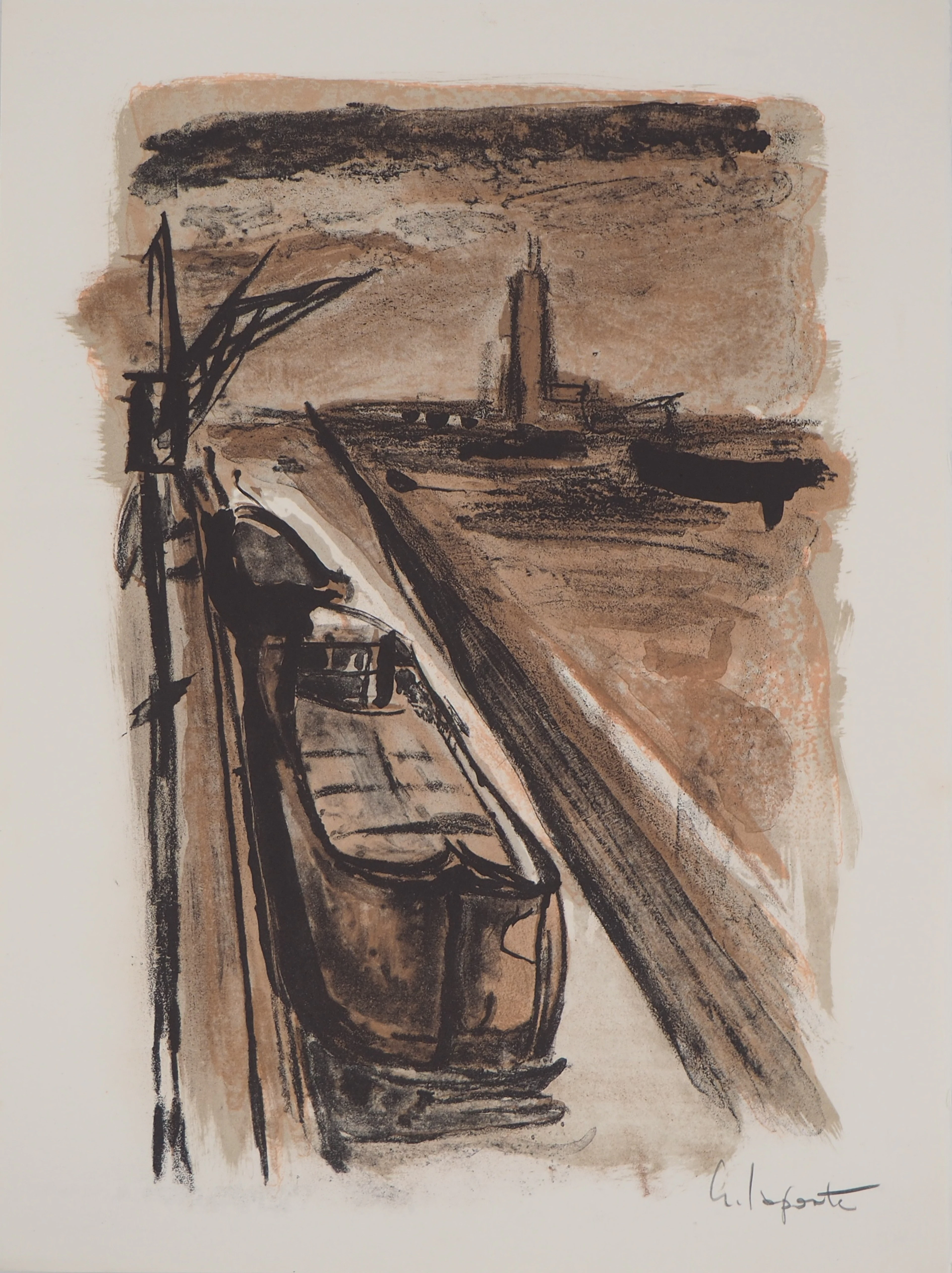 Georges LAPORTE - Péniche amarrée, 1971 - Lithographie originale signée