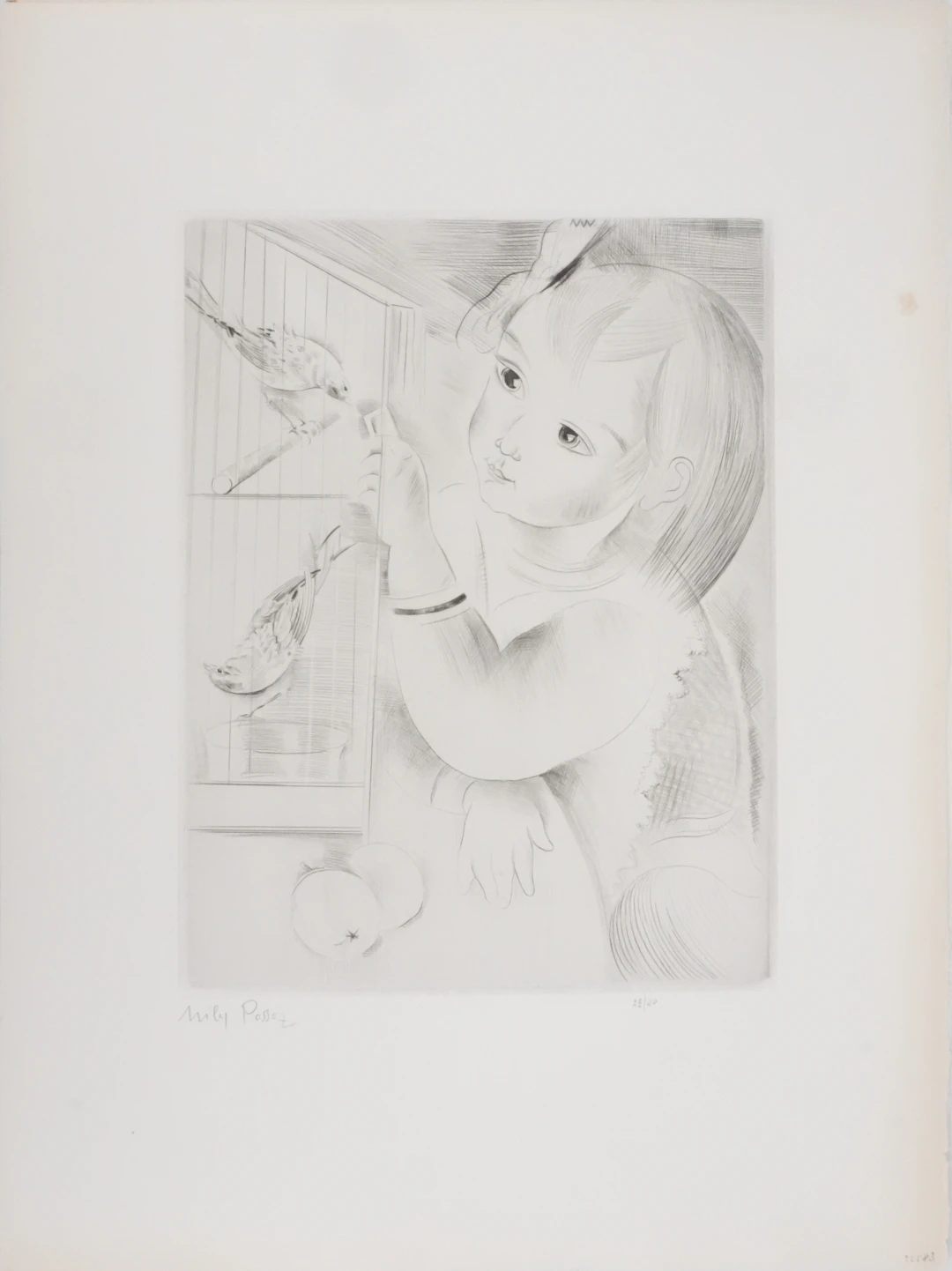 Mily POSSOZ : Fillette aux oiseaux - Gravure originale signée