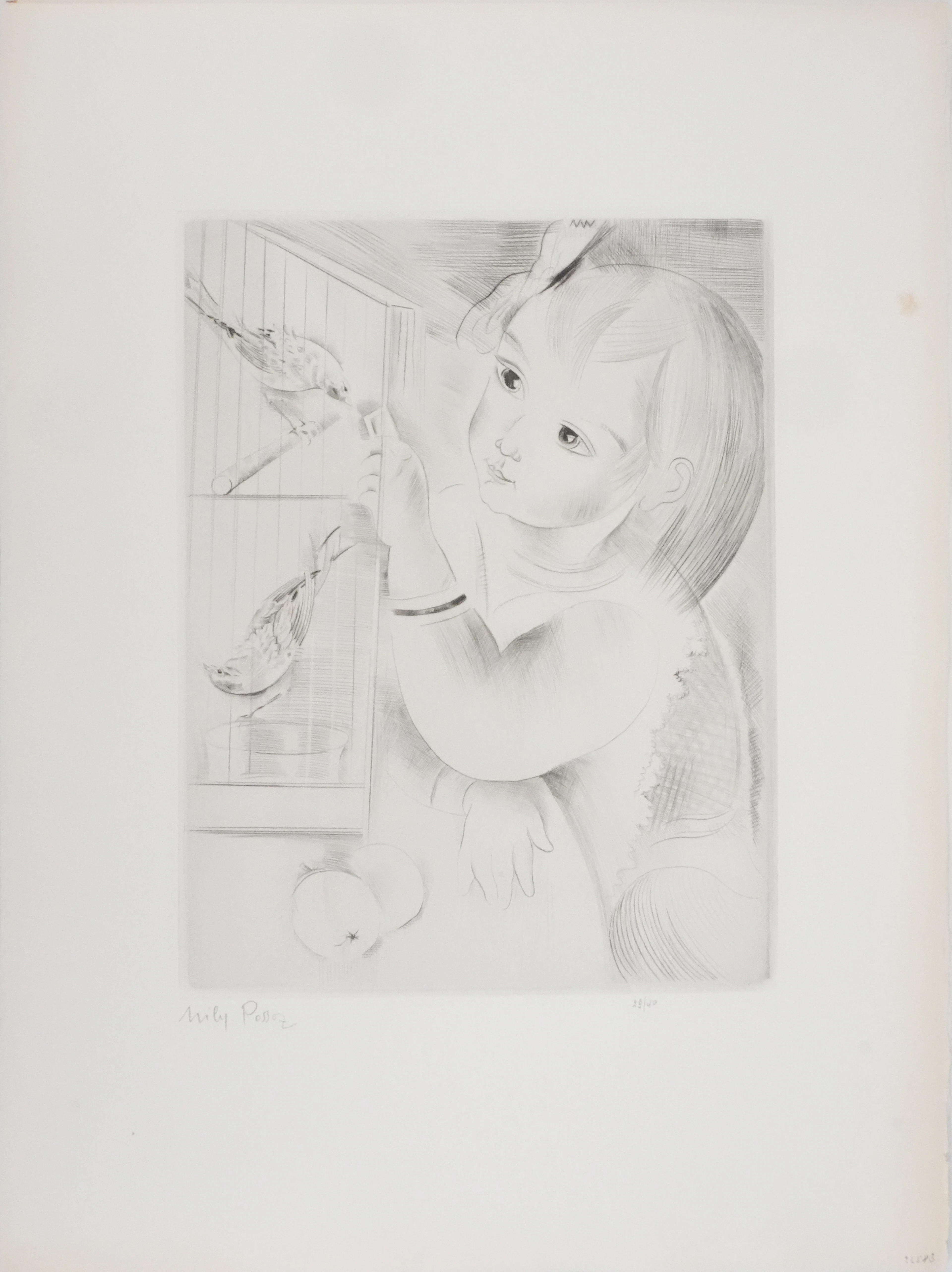 Mily POSSOZ : Fillette aux oiseaux - Gravure originale signée