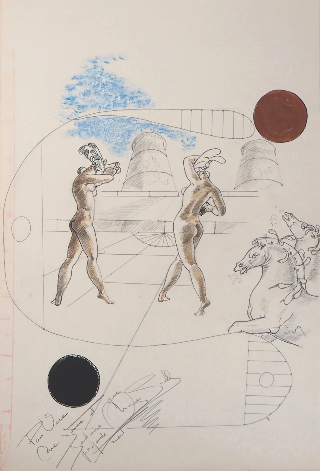 Maria MORGAN-SNELL : Les femmes nues et les chevaux - Dessin original signé