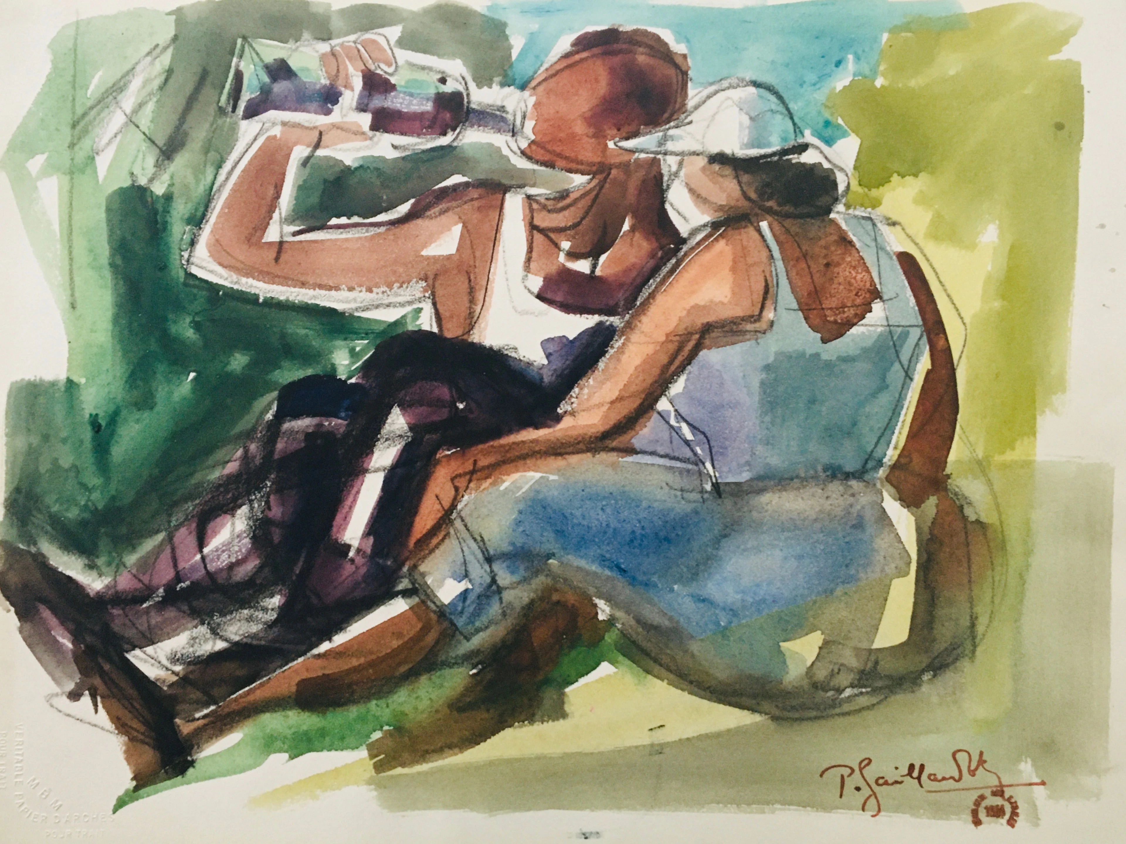 Pierre GAILLARDOT - Partie de campagne, 1954 - Aquarelle signée