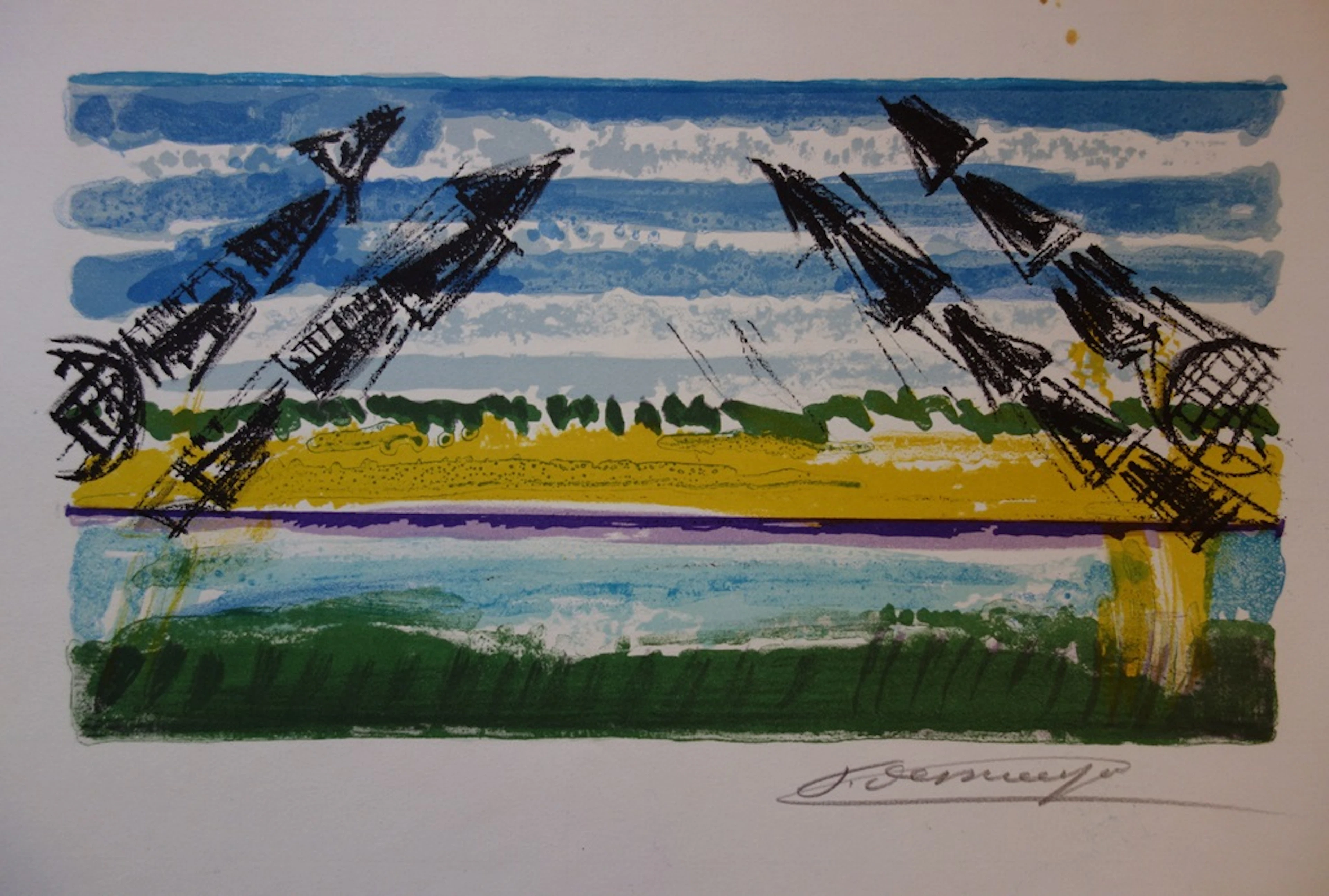 François DESNOYER : Les grues, Lithographie originale signée