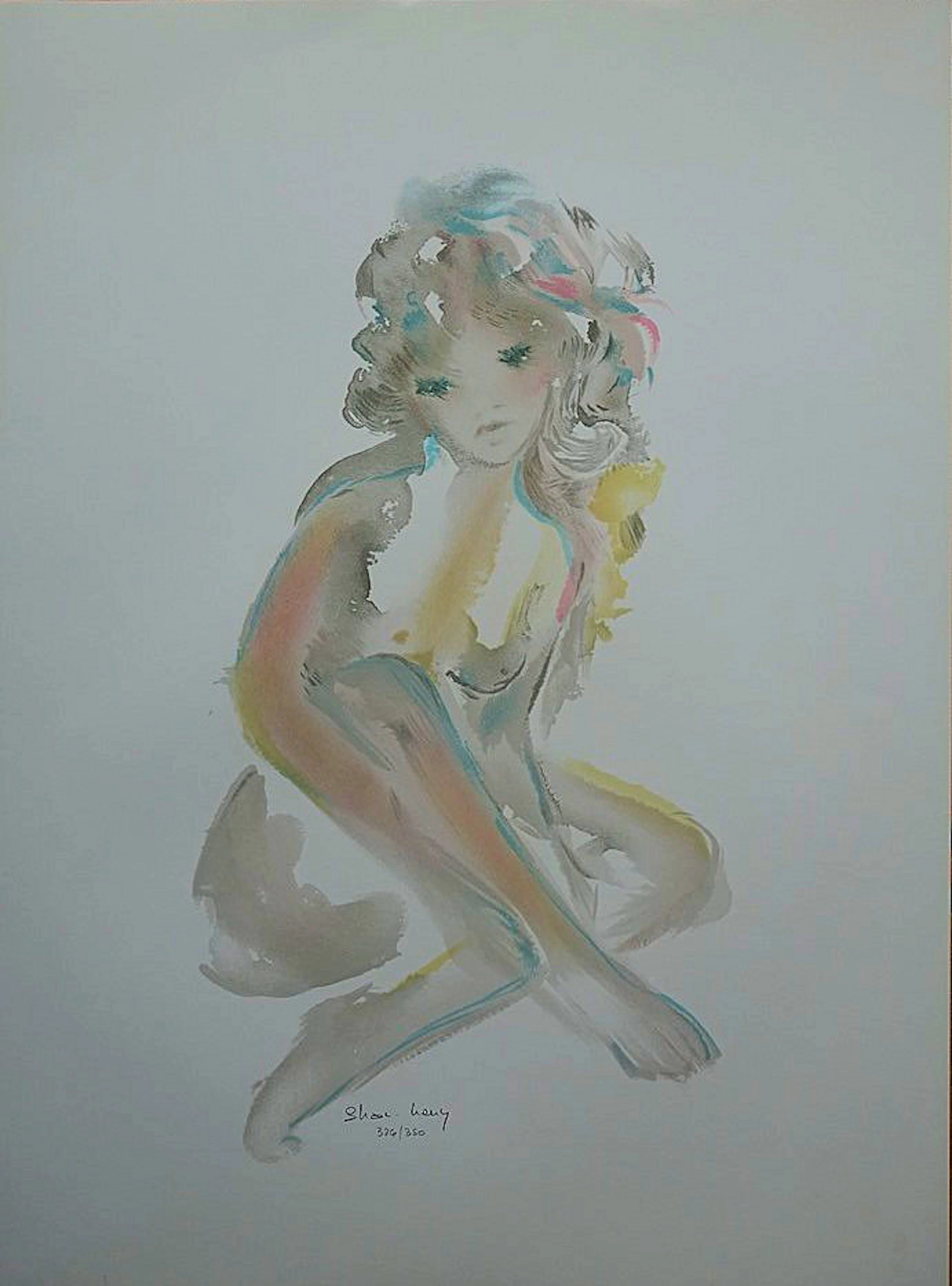 Shan MERRY - Jeune fille accroupie - Lithographie originale signée