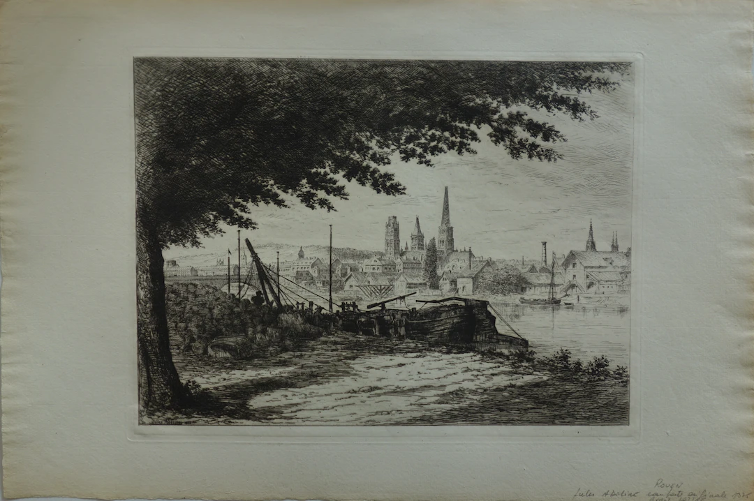 Jules ADELINE : Les abords de Rouen, Gravure originale Signée, 1875
