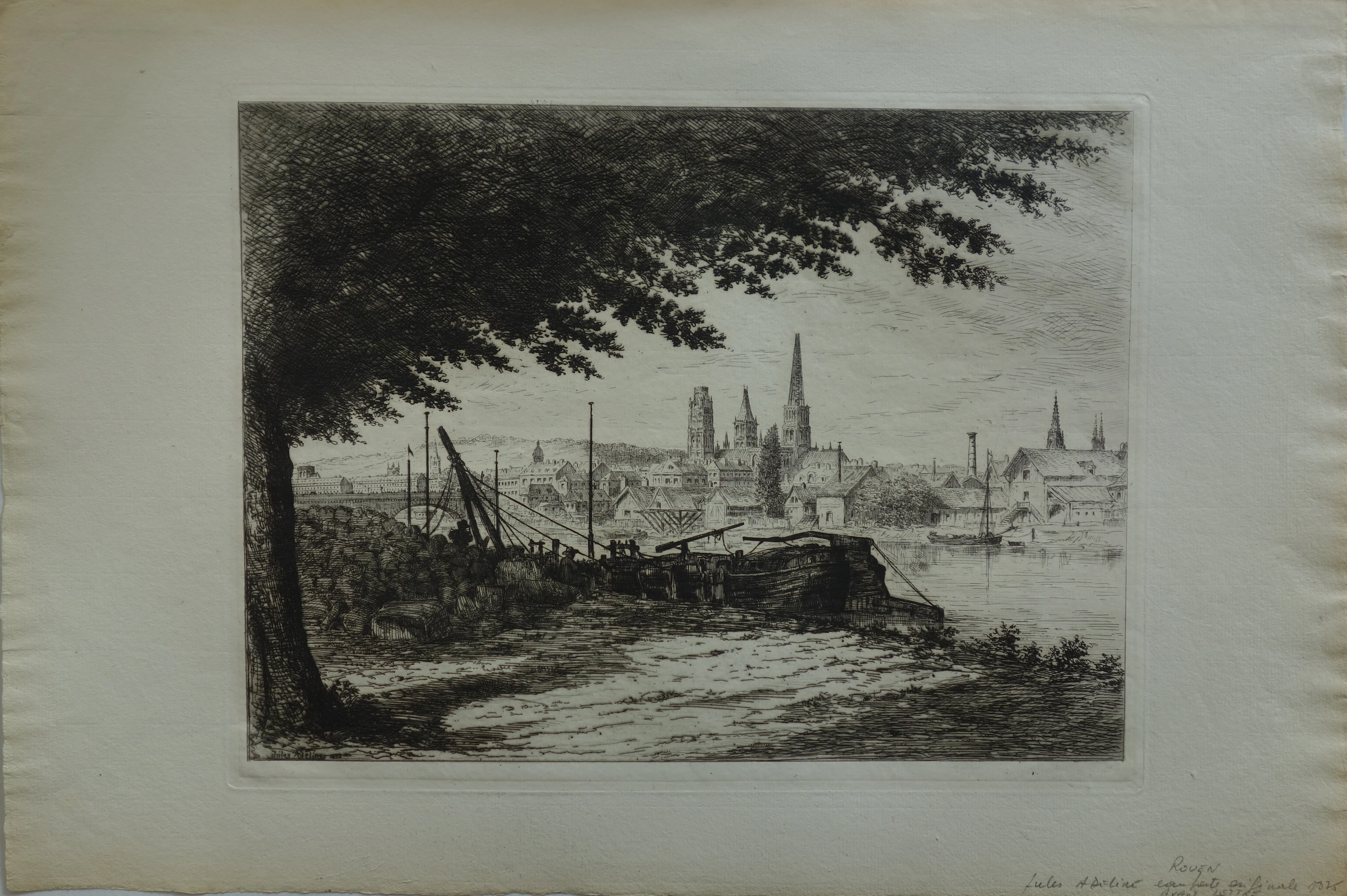 Jules ADELINE : Les abords de Rouen, Gravure originale Signée, 1875