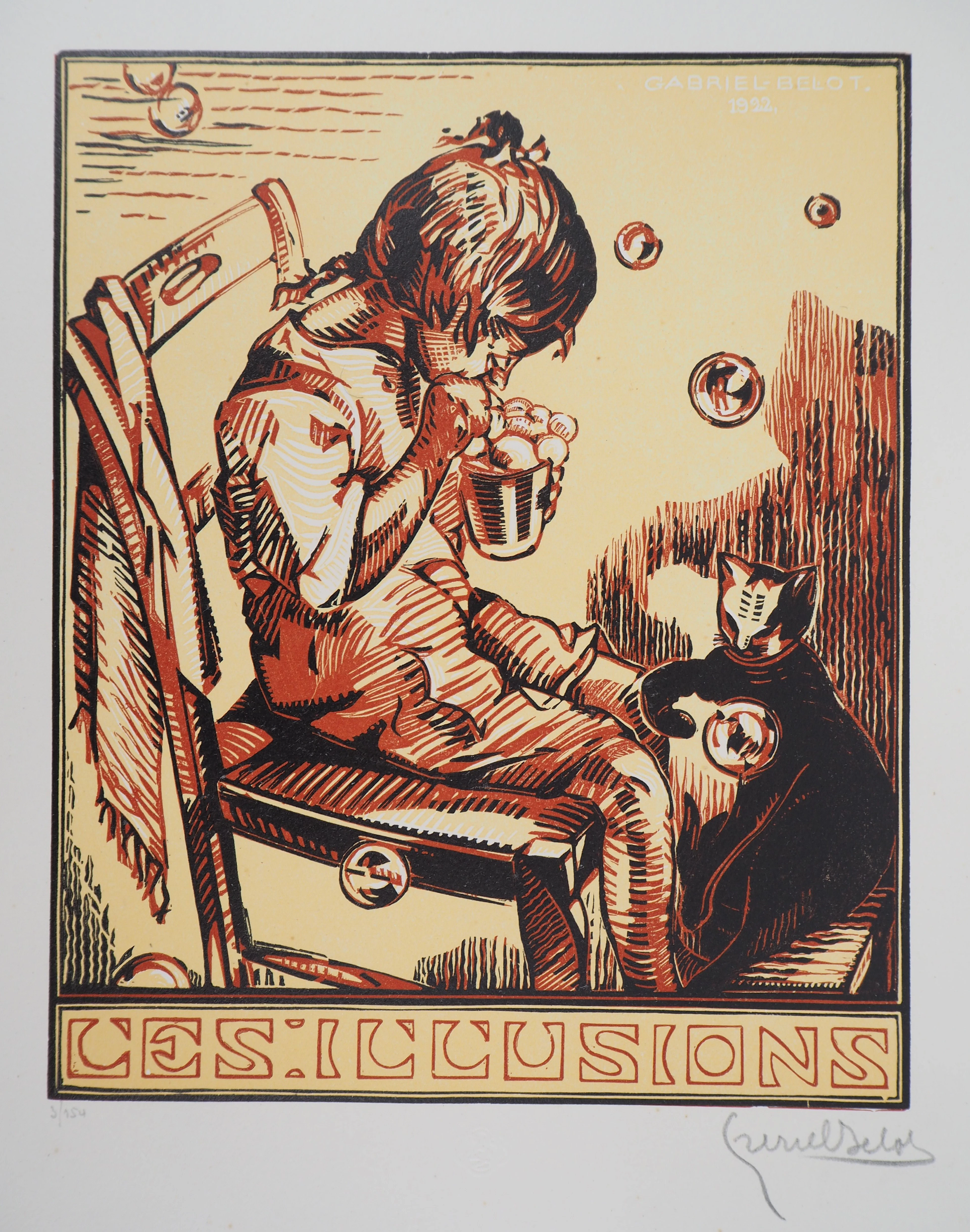 Gabriel BELOT : Les Illusions (Bulles de savon) - Bois gravé original