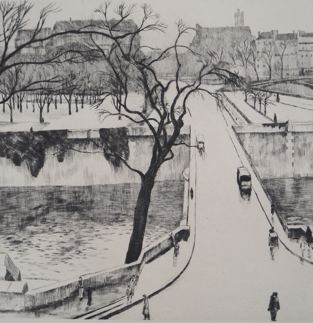 Eugène CORNEAU : Paris, Le Petit Pont - Gravure Originale Signée, 1946