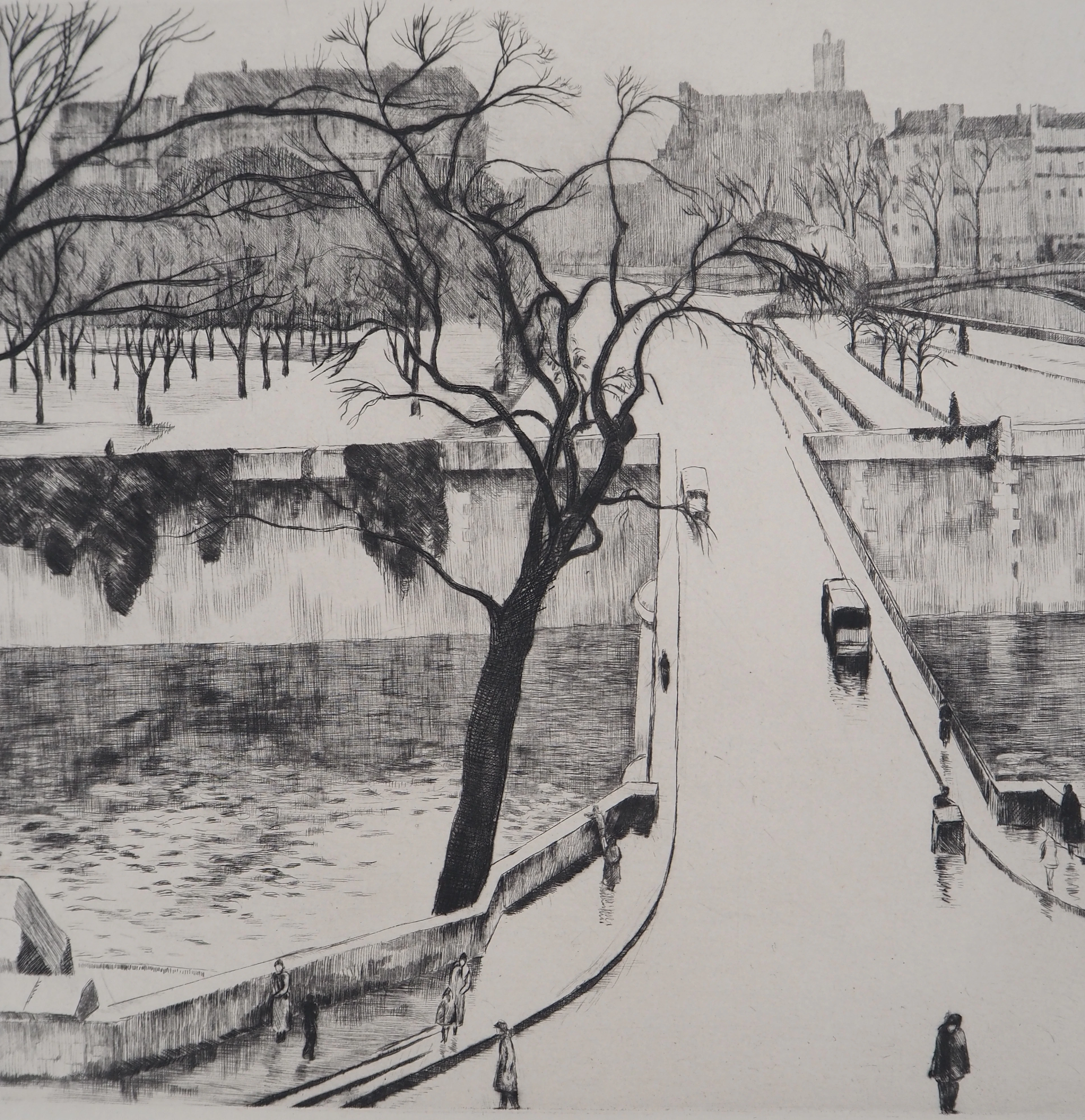 Eugène CORNEAU : Paris, Le Petit Pont - Gravure Originale Signée, 1946