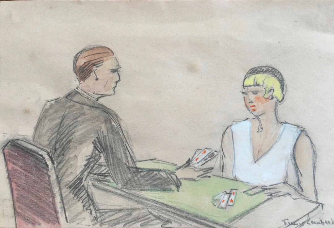 France LAMBERT - La partie de cartes , vers 1925 - Aquarelle signée
