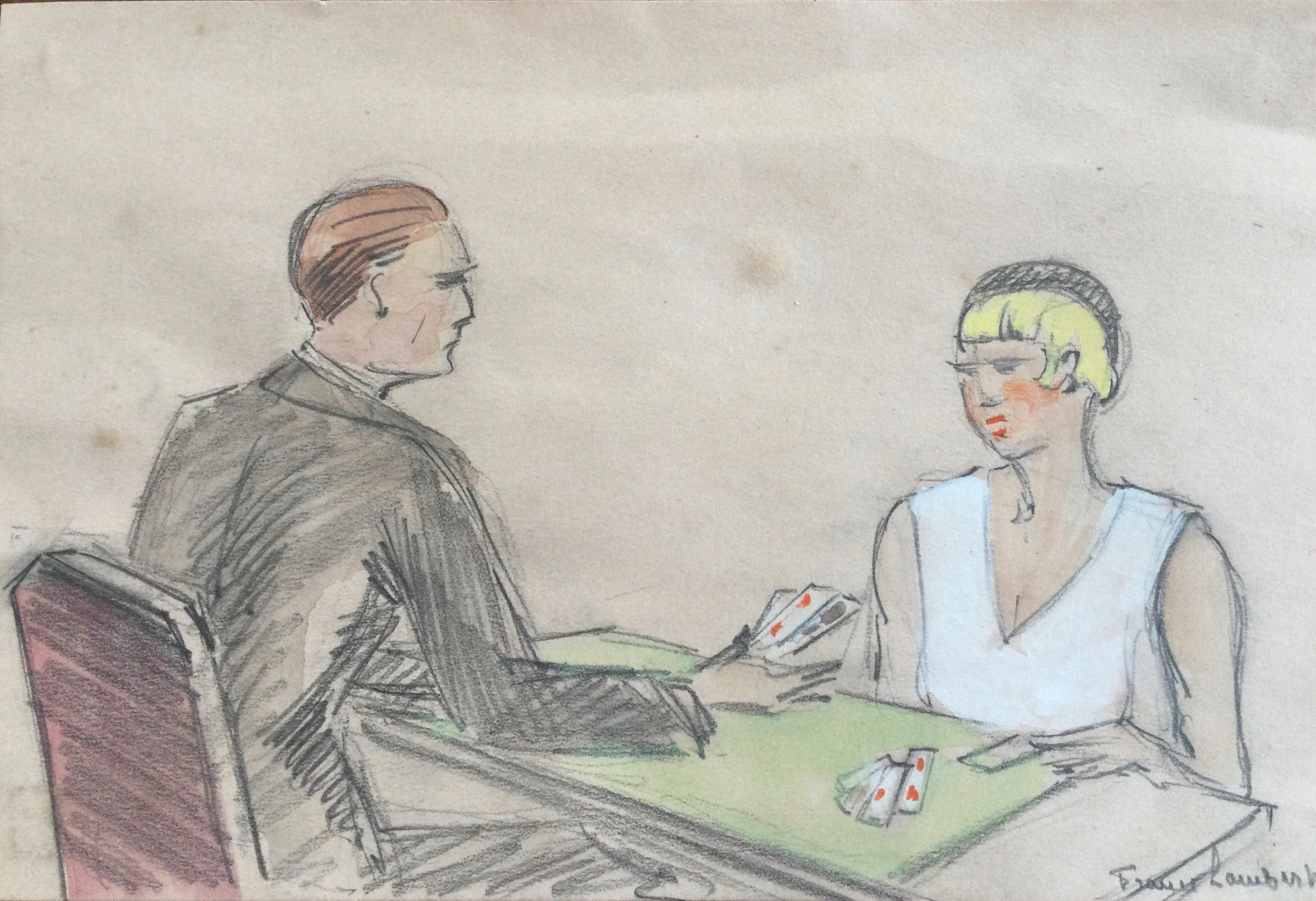France LAMBERT - La partie de cartes , vers 1925 - Aquarelle signée