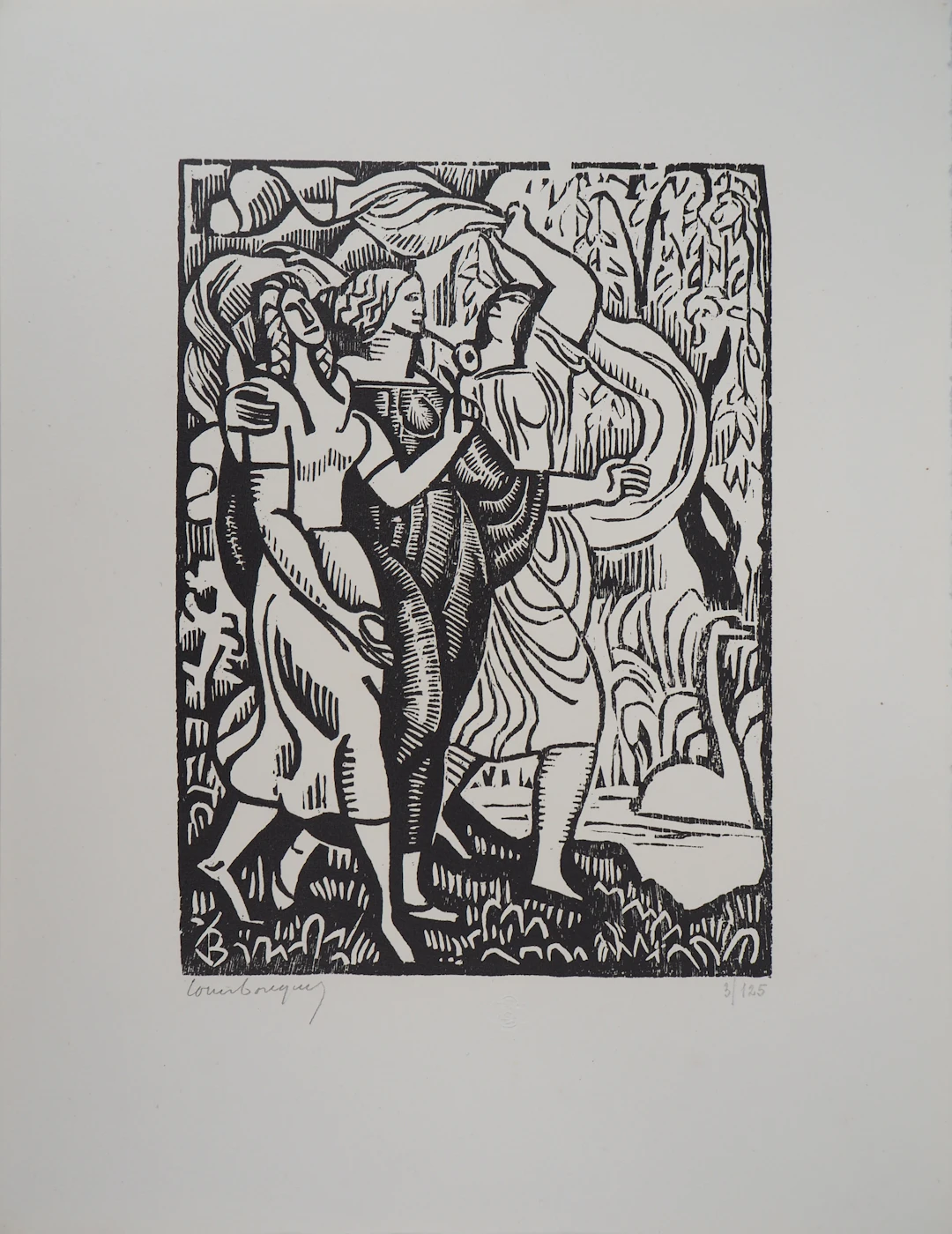 Louis BOUQUET : La promenade animée - Bois gravé original signé, 1921