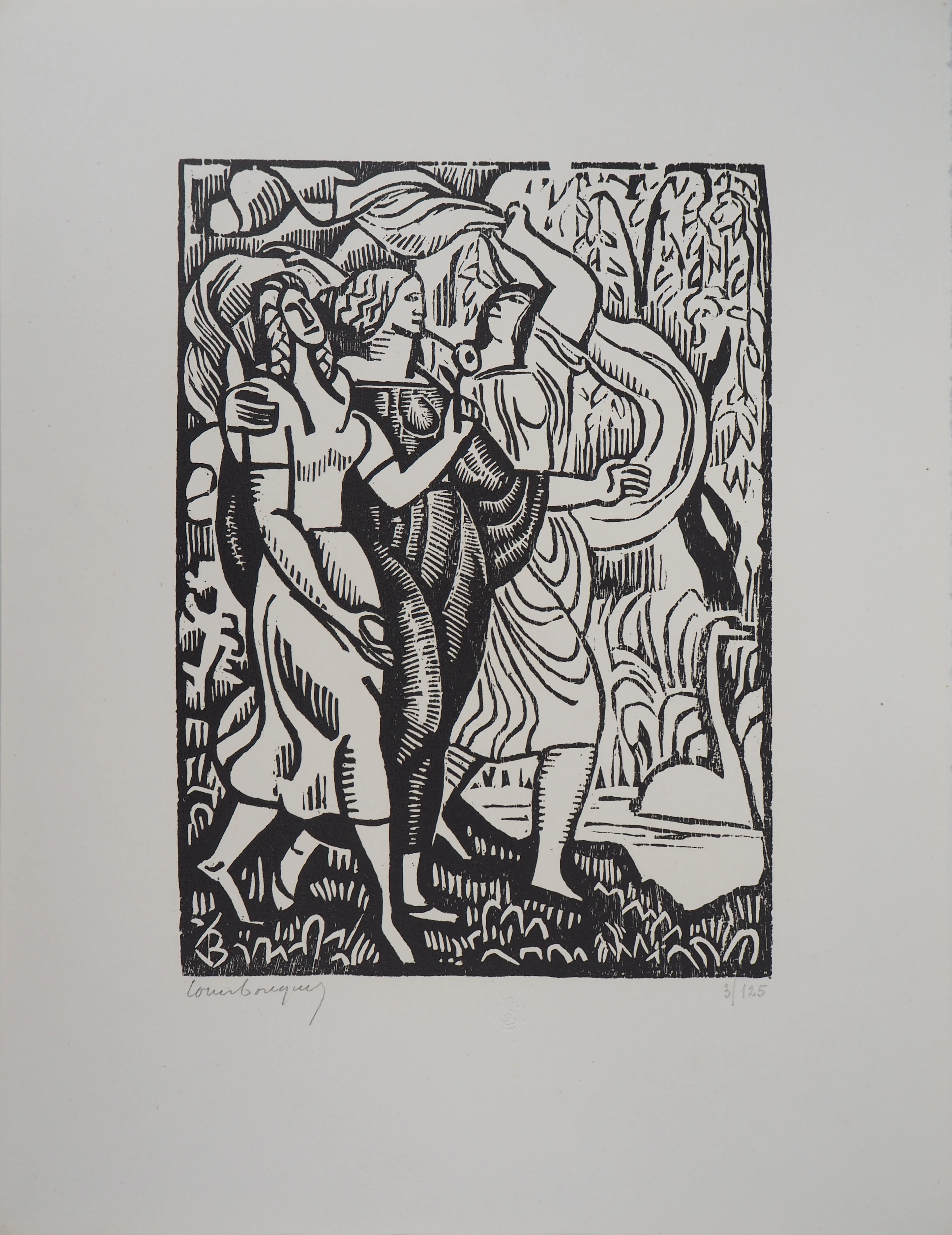 Louis BOUQUET : La promenade animée - Bois gravé original signé, 1921