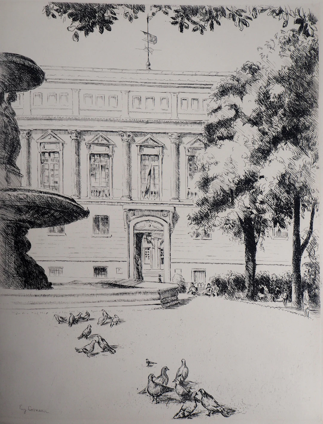 Eugène CORNEAU : La Bibliothèque Nationale - 1937 - Gravure Originale Signée