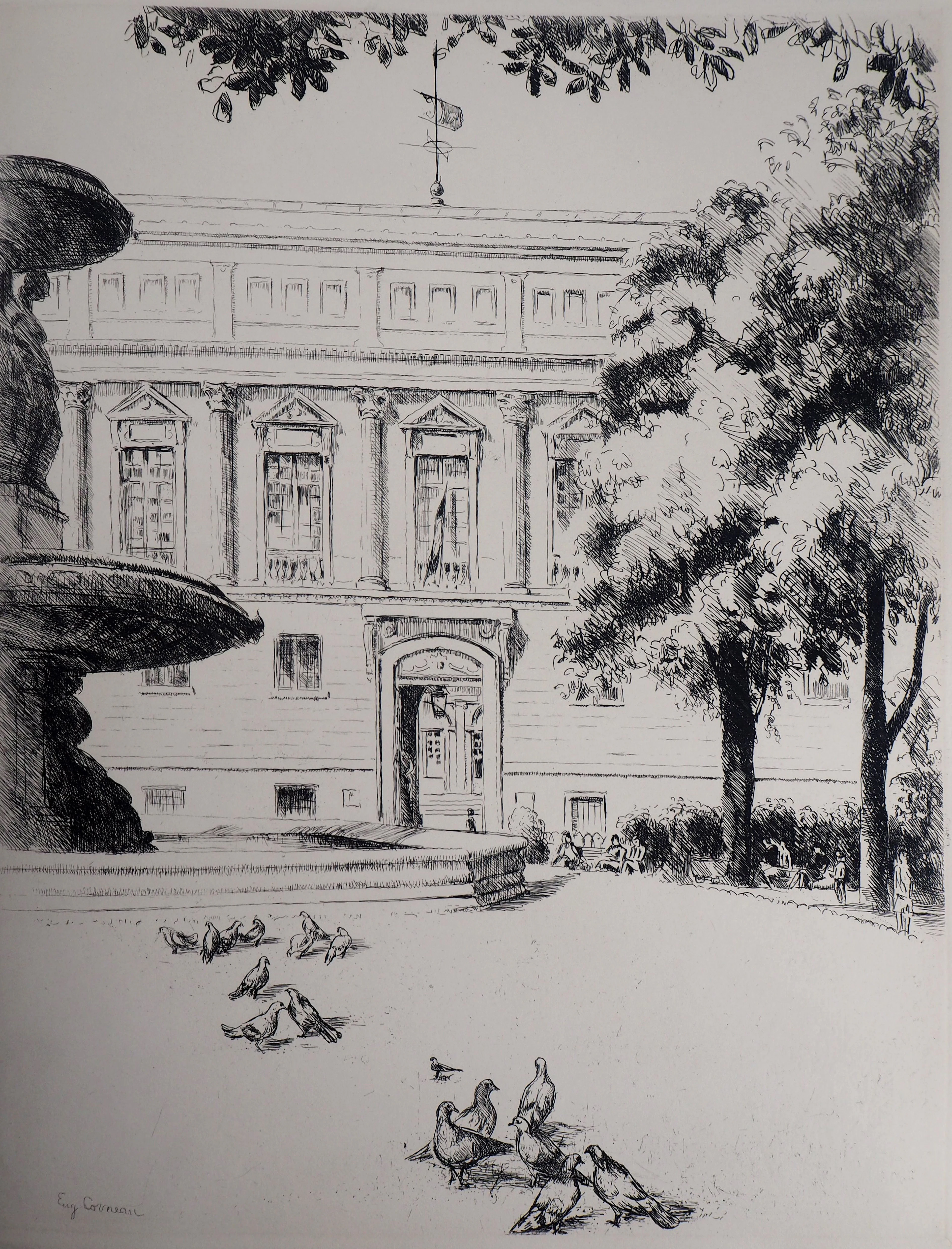 Eugène CORNEAU : La Bibliothèque Nationale - 1937 - Gravure Originale Signée