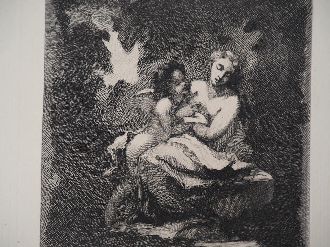 Narcisse DIAZ de la PENA : Nymphe et amour - Gravure, Signée #Durand