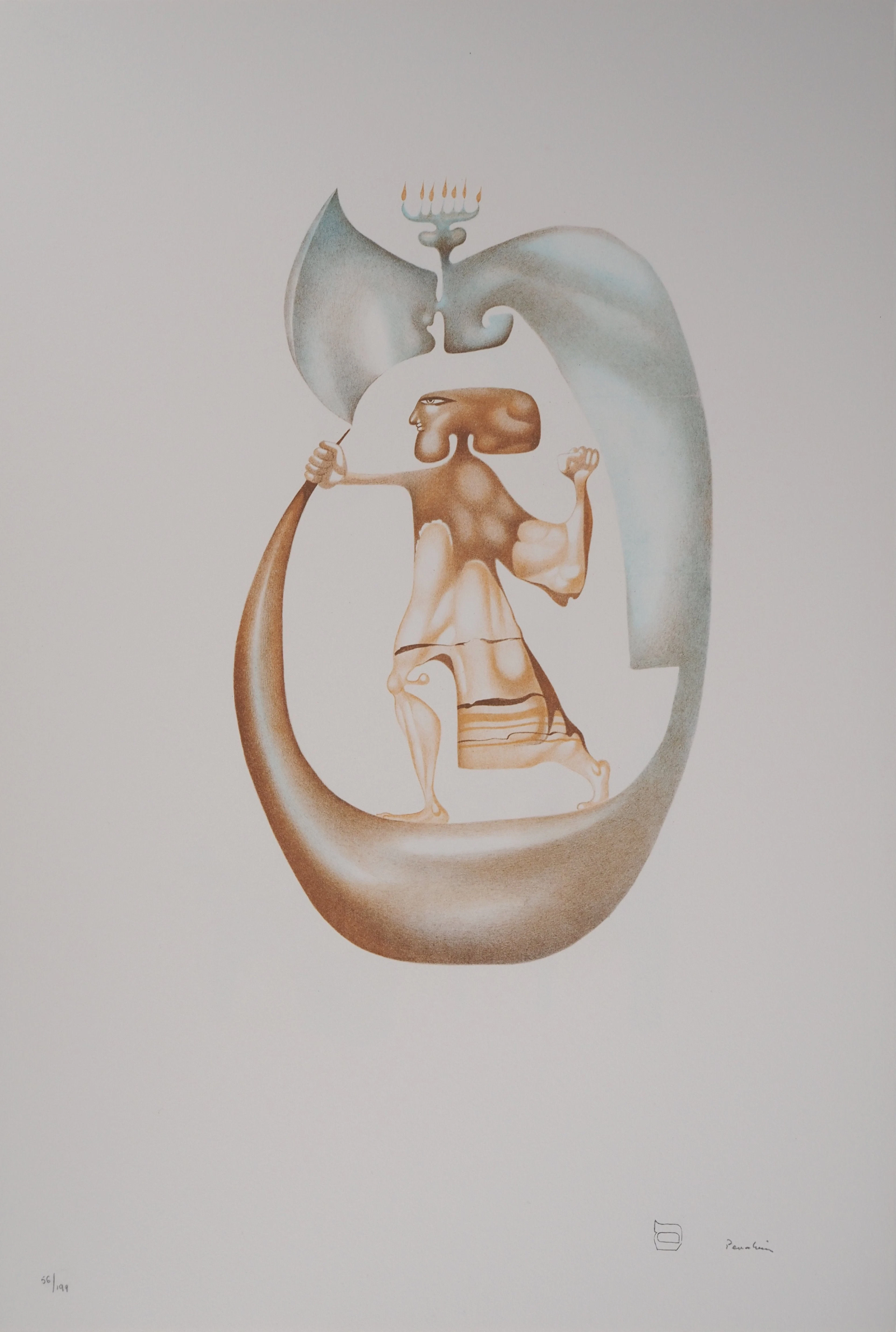 Jules PERAHIM : L’alphabet Hébreu, Homme à la Menorah, Lithographie