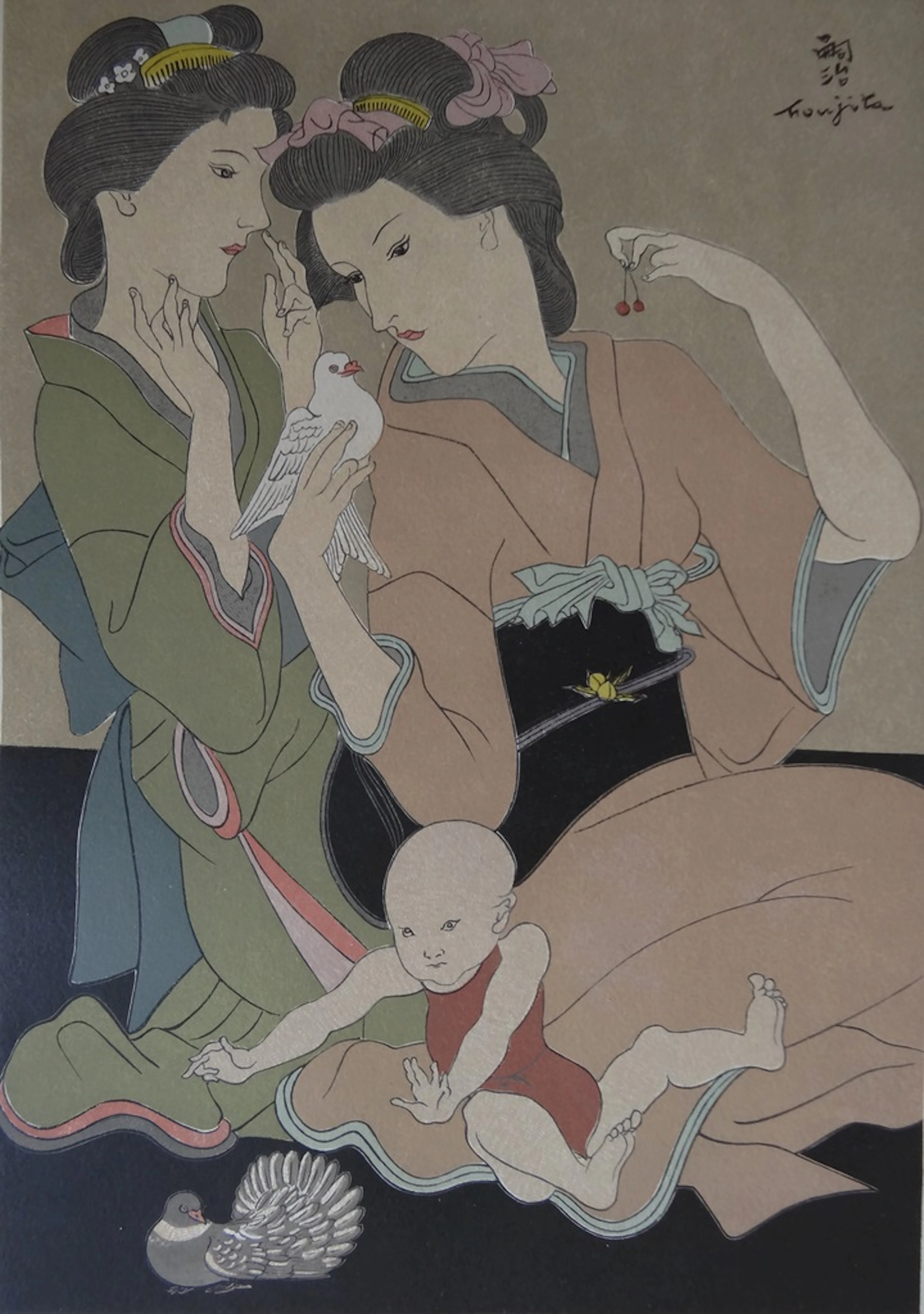 Tsuguharu FOUJITA - Geishas avec une colombe, bois gravé signé