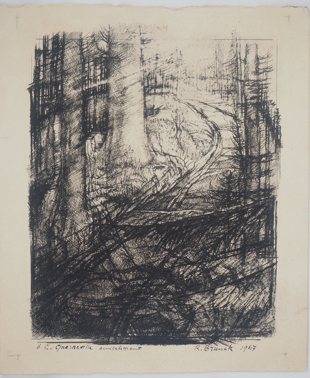 Richard Brunck - Chemin de forêt, 1947 - Dessin original signé