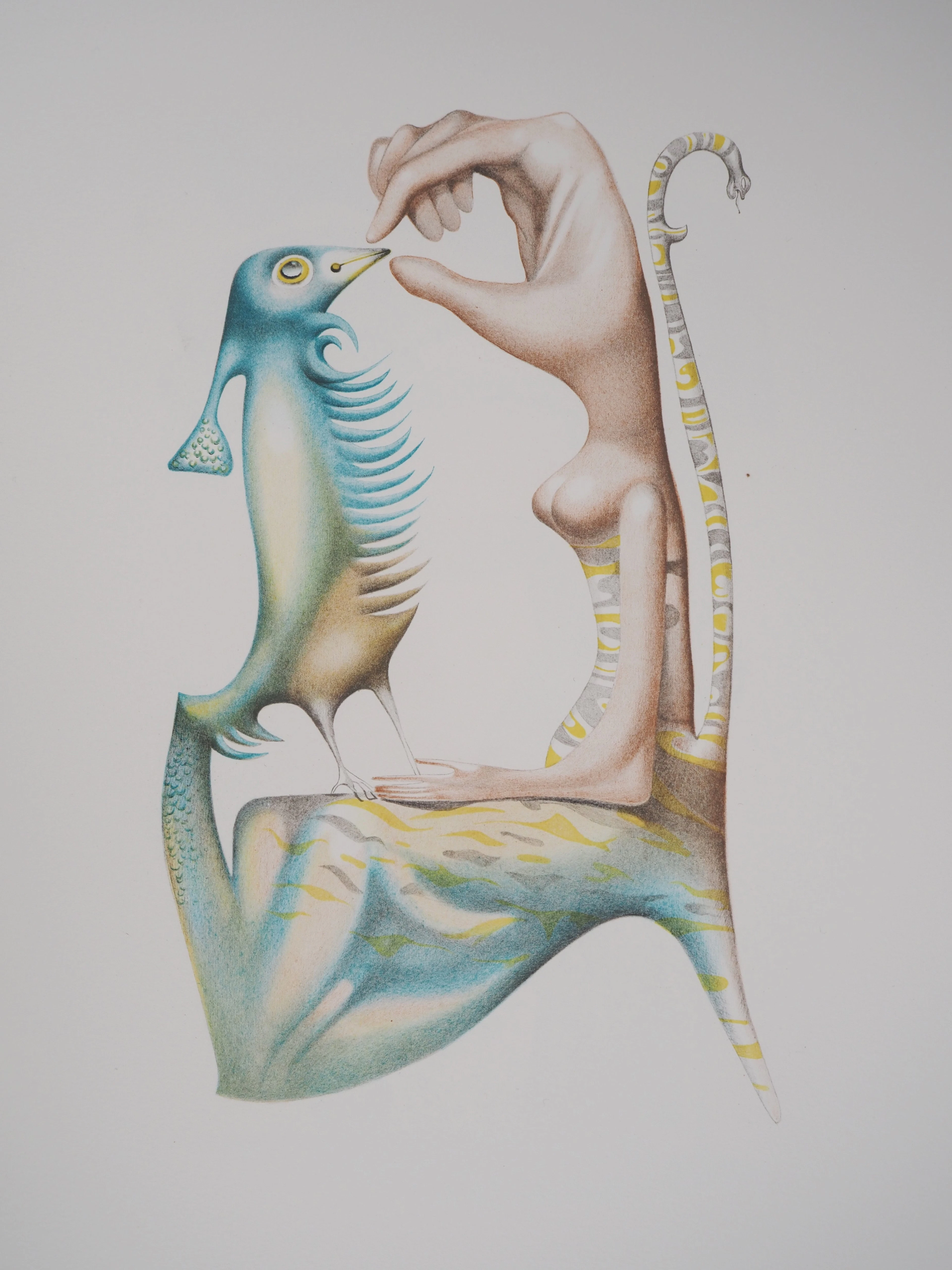 Jules PERAHIM : L’alphabet Hébreu, Homme et oiseau, Lithographie originale