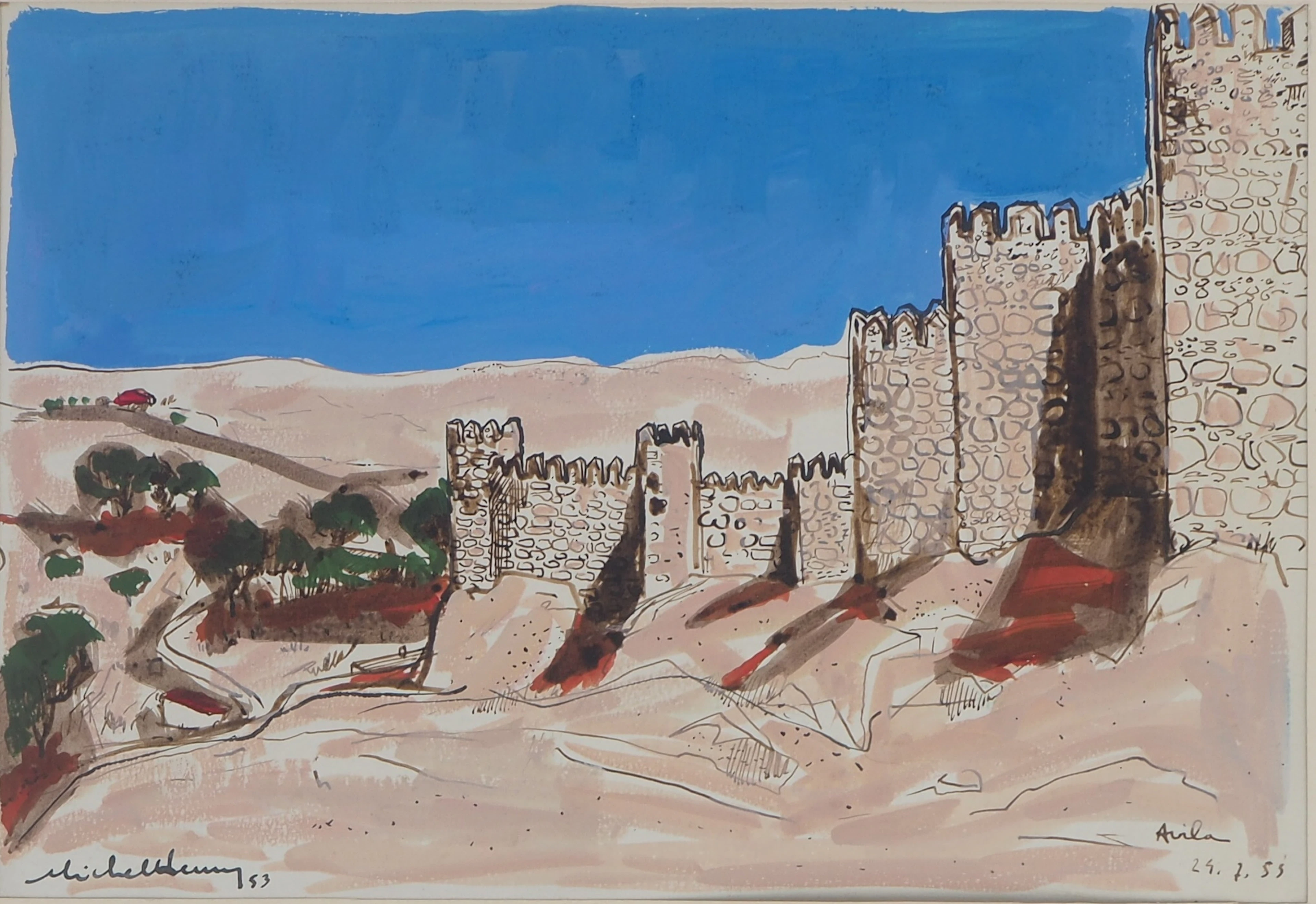 Michel Henry - Espagne : Vue sur Avila , 1953 - Aquarelle originale signée