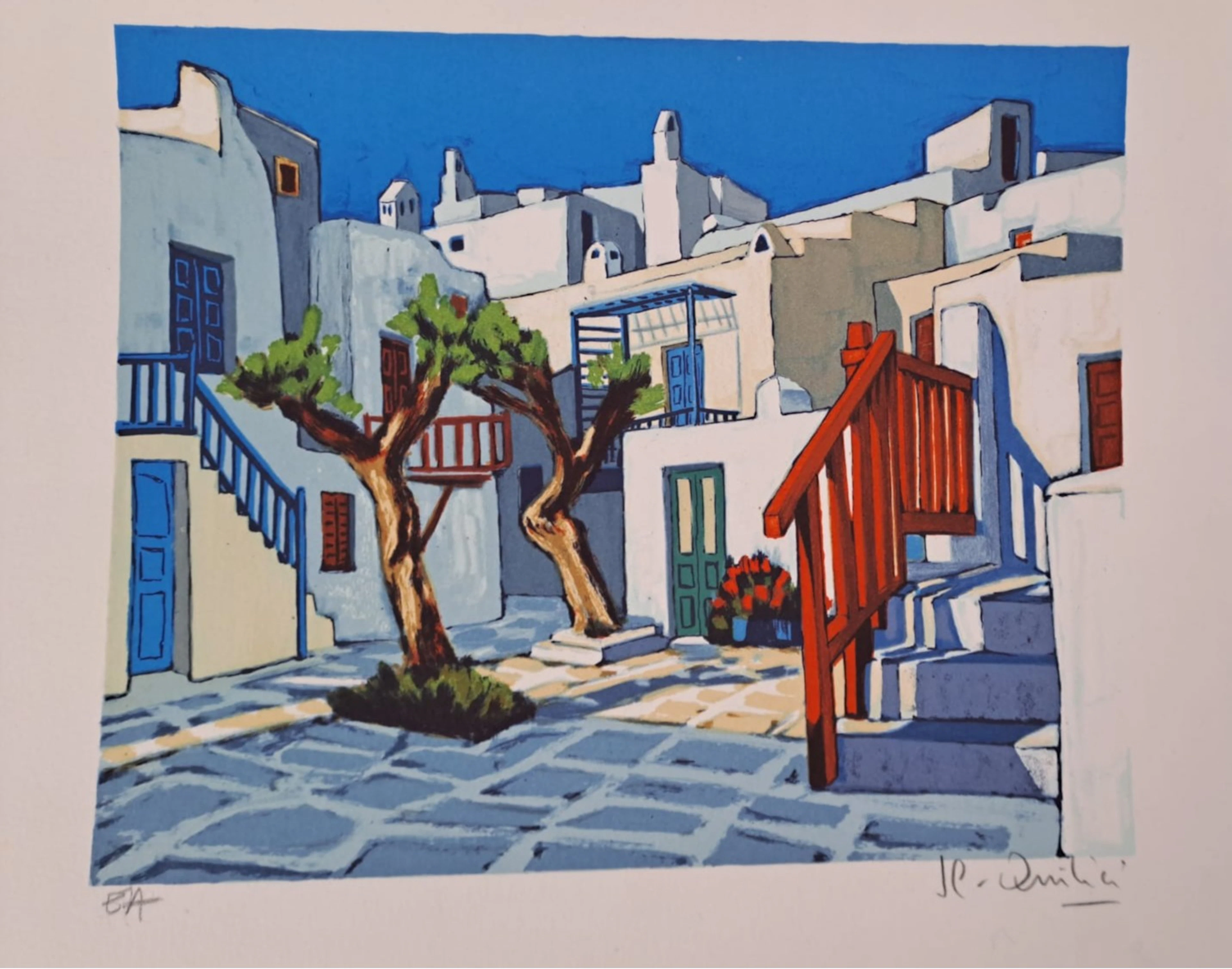 Jean-Claude Quilici - Place aux oliviers - Lithographie originale signée