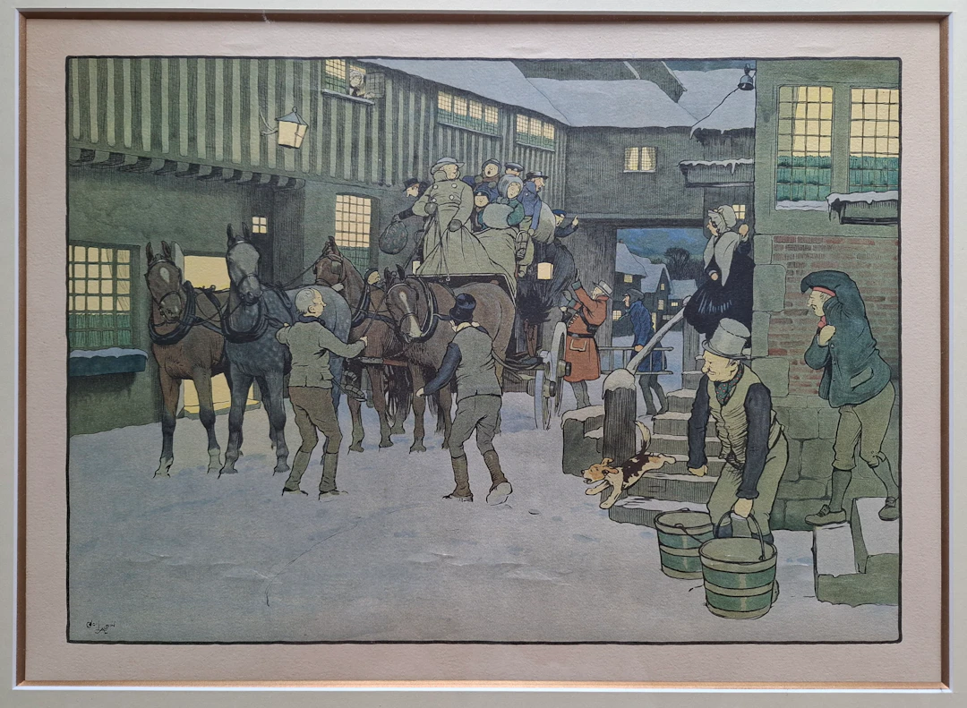 Cecil ALDIN - Il a neigé la veille de noël, 1930, lithographie signée encadrée