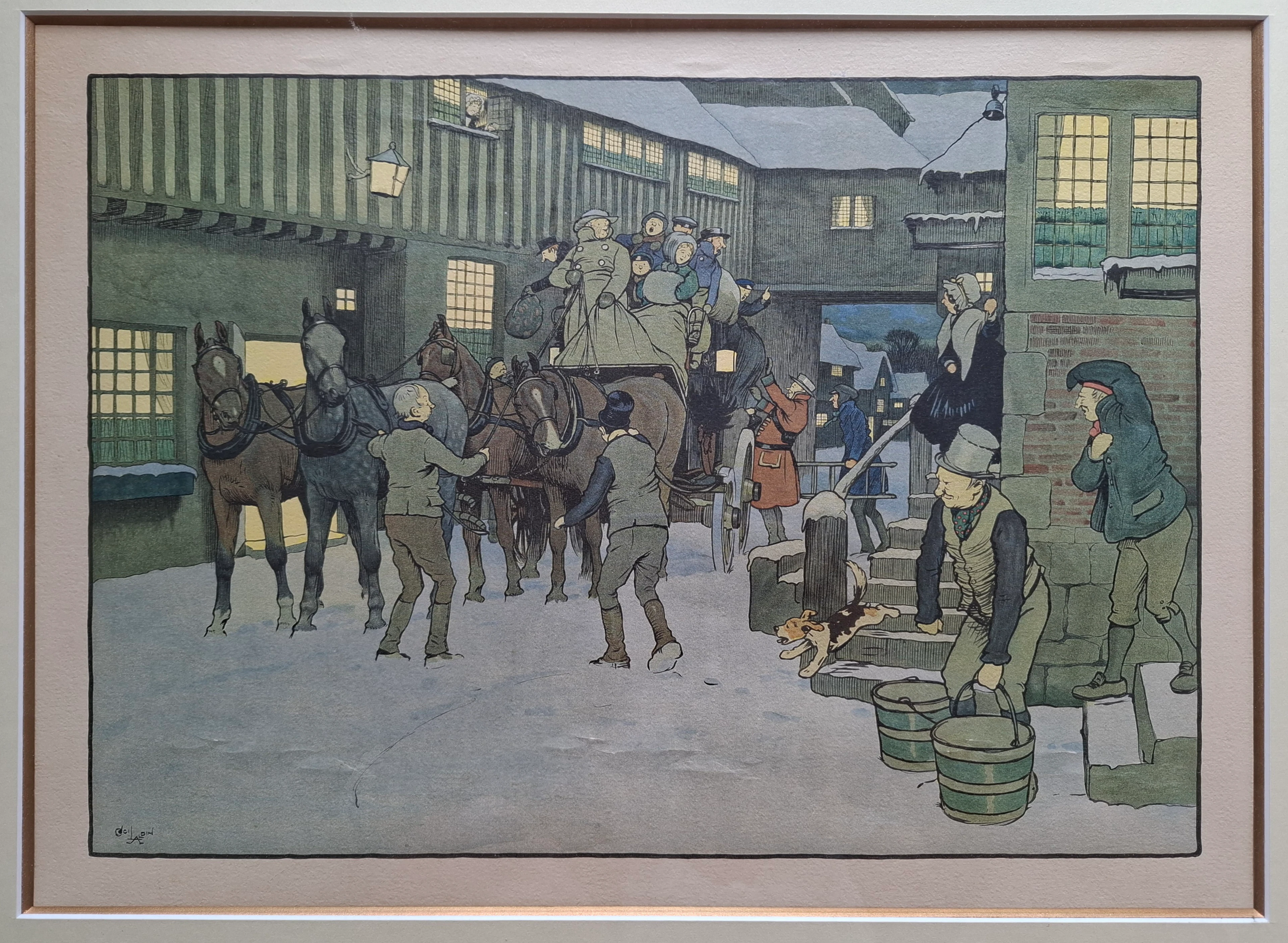 Cecil ALDIN - Il a neigé la veille de noël, 1930, lithographie signée encadrée