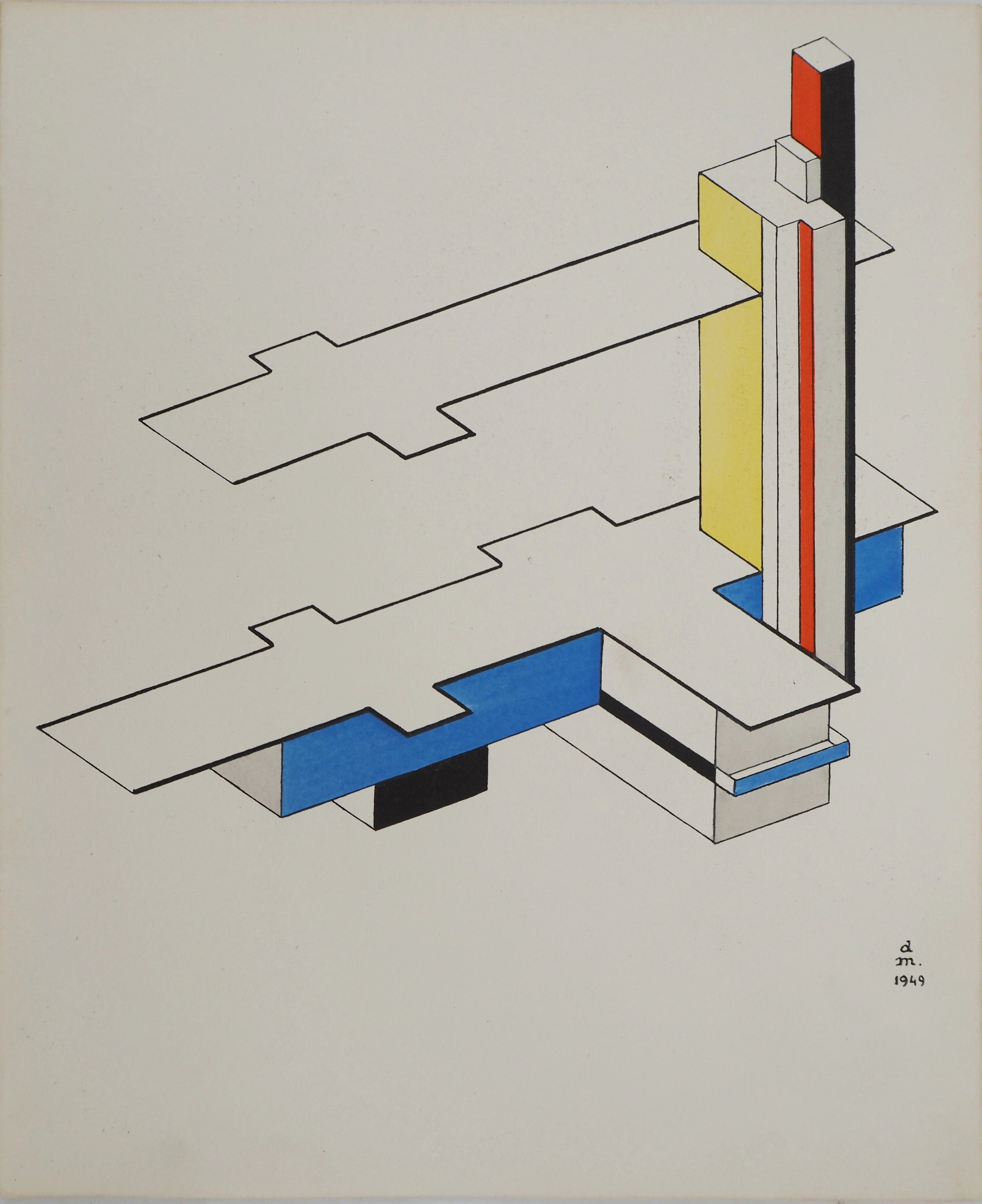 Félix DEL MARLE : Architecture, plan abstrait, Lithographie et pochoir signée