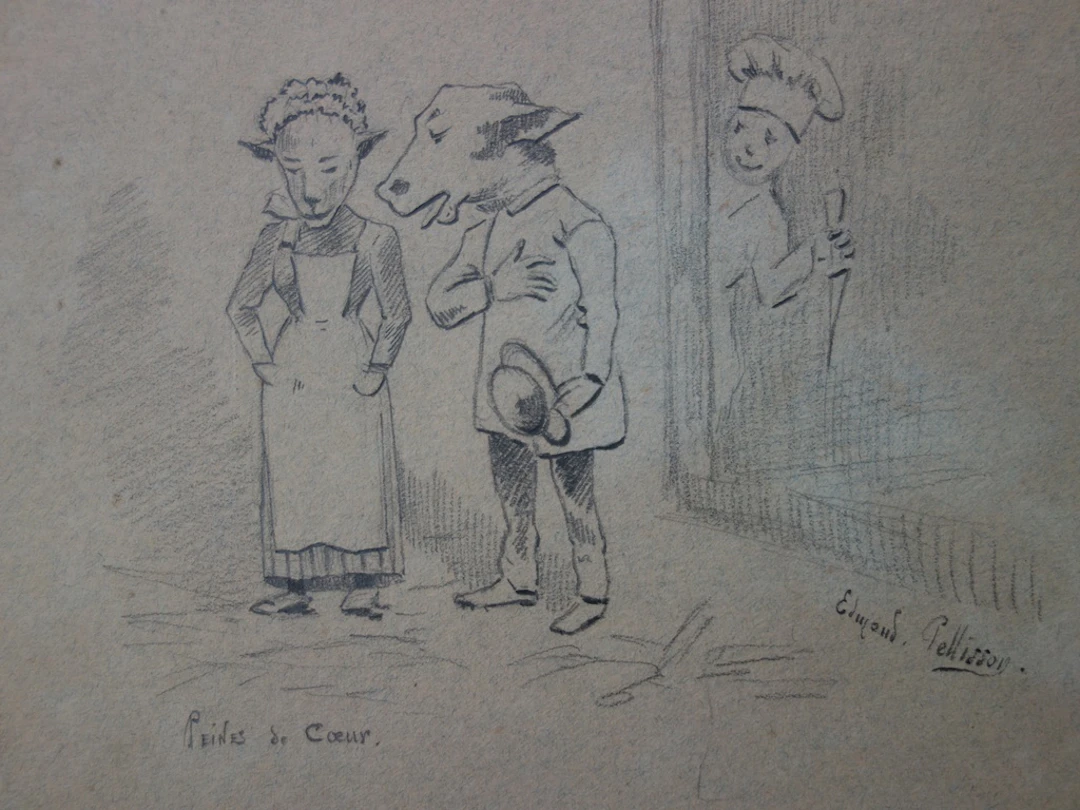 Edmond PELLISSON : Peines de coeur - Dessin original signé - c. 1895