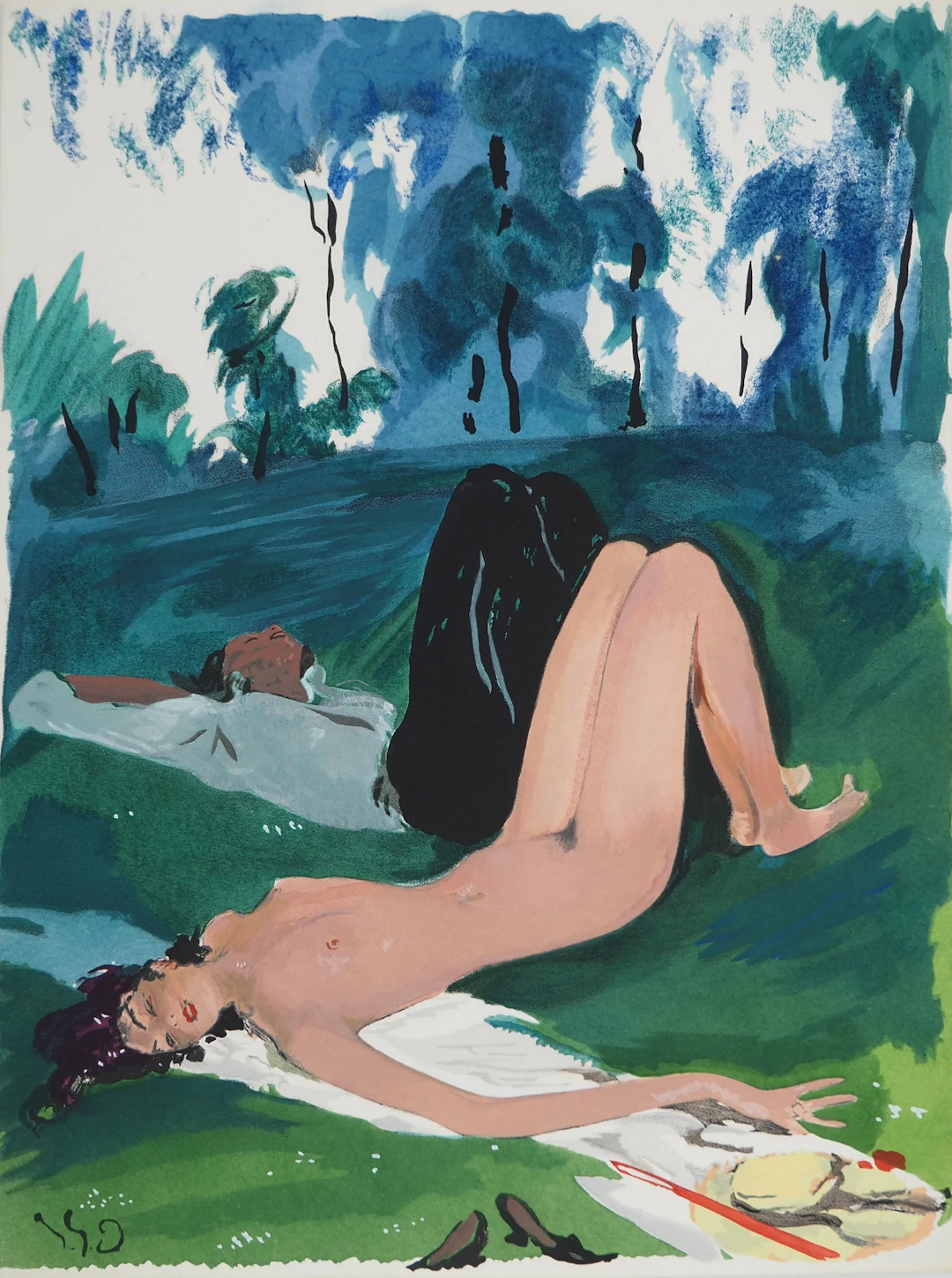 Jean-Gabriel DOMERGUE : Après-midi au parc, Lithographie et pochoir signée